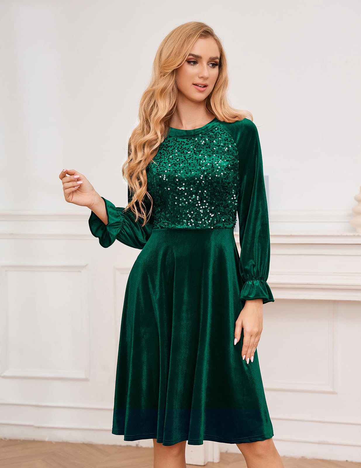 Bbonlinedress Robe de Soirée Cocktail à Manches Longues en Velours à Paillettes pour Femme Robe Midi Vintage pour Mariage invitée