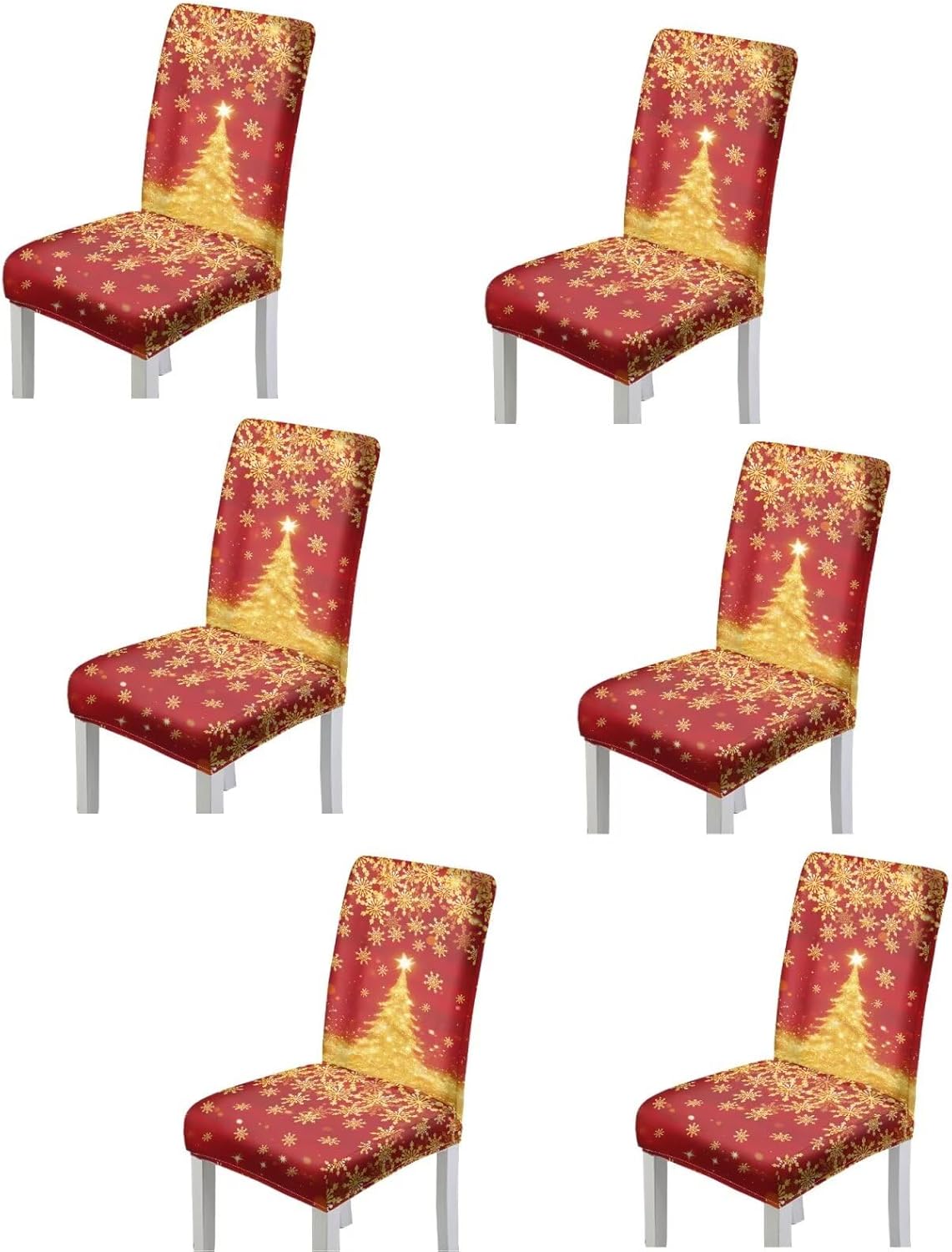 Gold Snowflake Tree Christmas Chair Covers Set of 6 Stretch Removable Washable Non Slip Parsons Dining Chair Slipcover Reusable Spandex Cover for Chairs Dining Room Easy to Put on & Take off