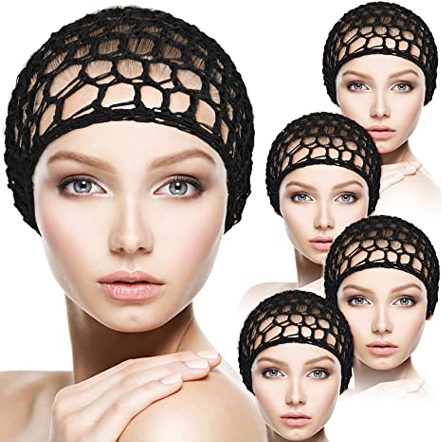 5 Pack Mesh Crochet Hairnet Rayon Knit Neck Caps Cropped Women's Hairnet Crocheted Night Caps (Black)