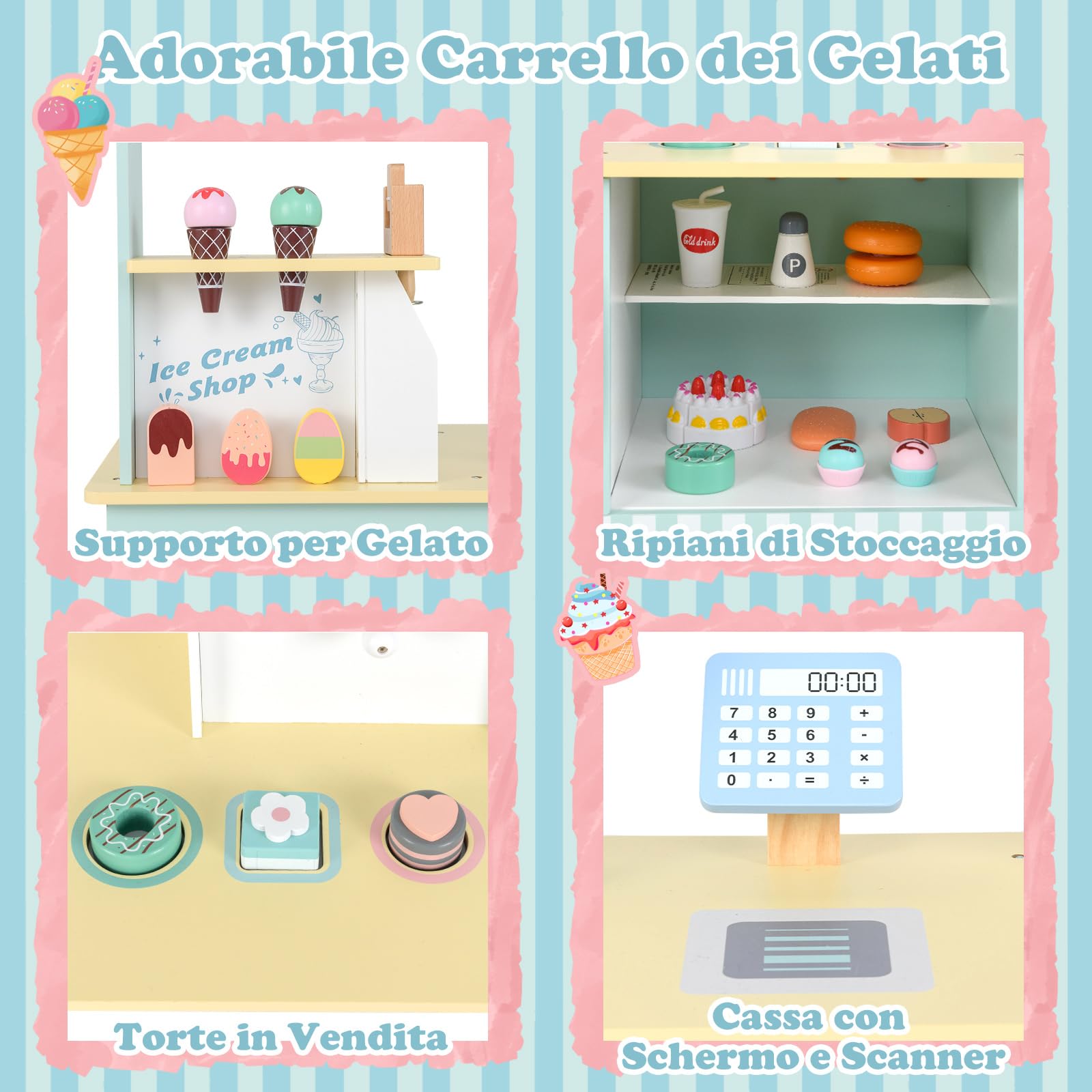 COSTWAY Gelateria Giocattolo per Bambini con Gelatiera, Carrelo dei Gelati in Legno con Ruote e Maniglia, Negozio di Gelati Giocattolo con Cassa e 15 Accessori, per Bambini di 3 + Anni (Verde)