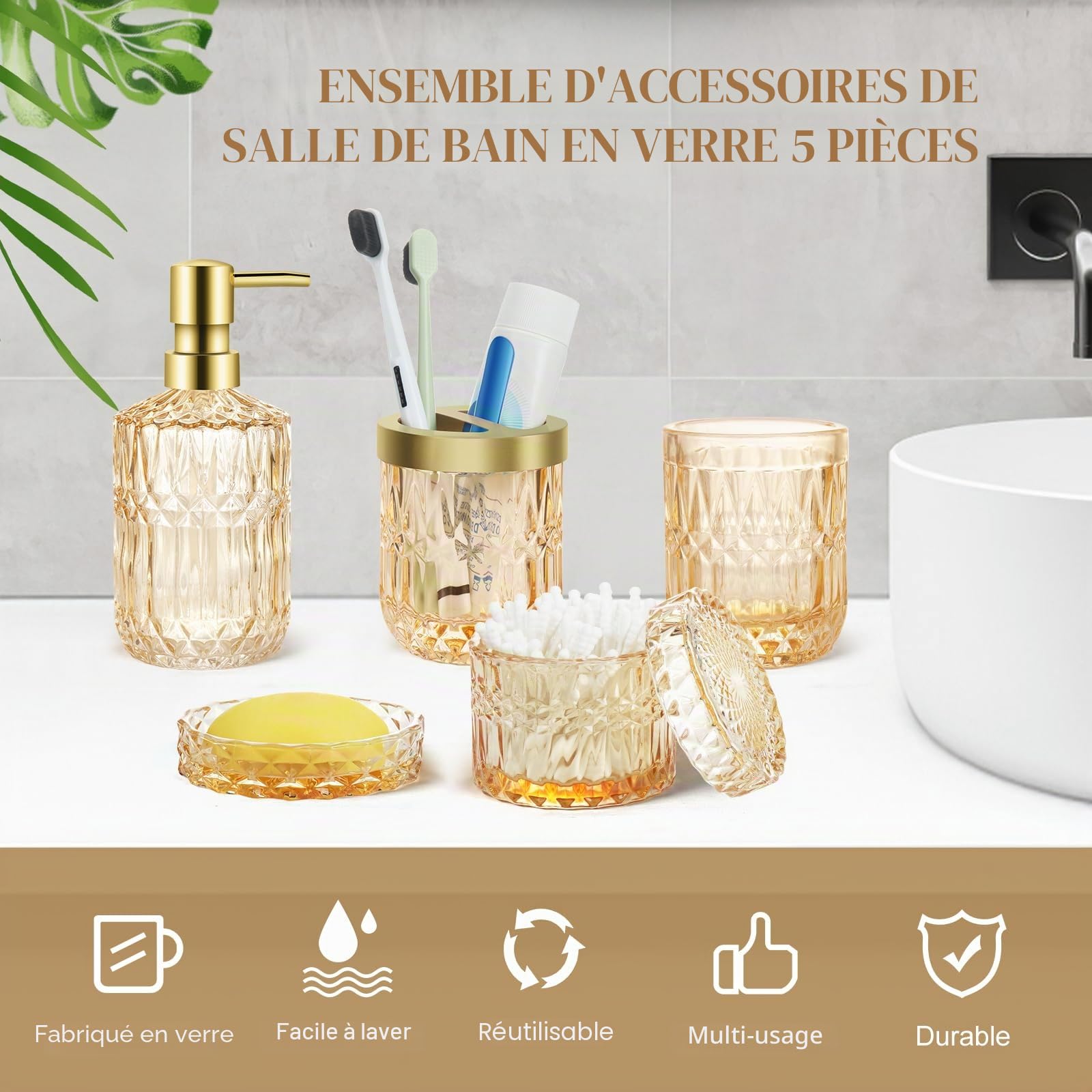 Lot de 5 accessoires de salle de bain en verre doré, distributeur de lotion, porte-savon, porte-brosse à dents, gobelet, cotons-tiges, décoration de salle de bain pour salle de bain moderne, cadeau
