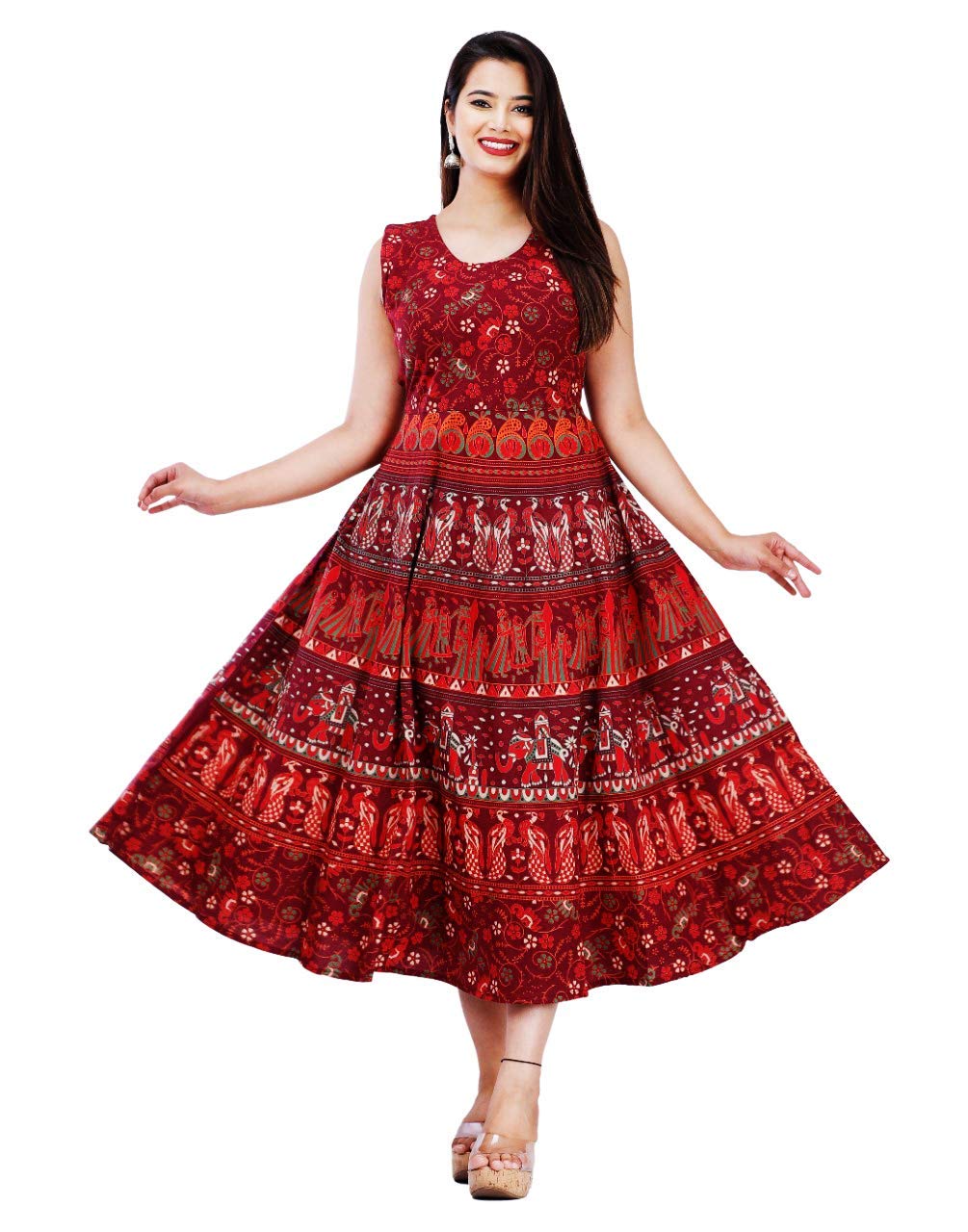 Women's Multicolor Jaipuri Rajasthani Printed Cotton Maxi Frock Long Kurti