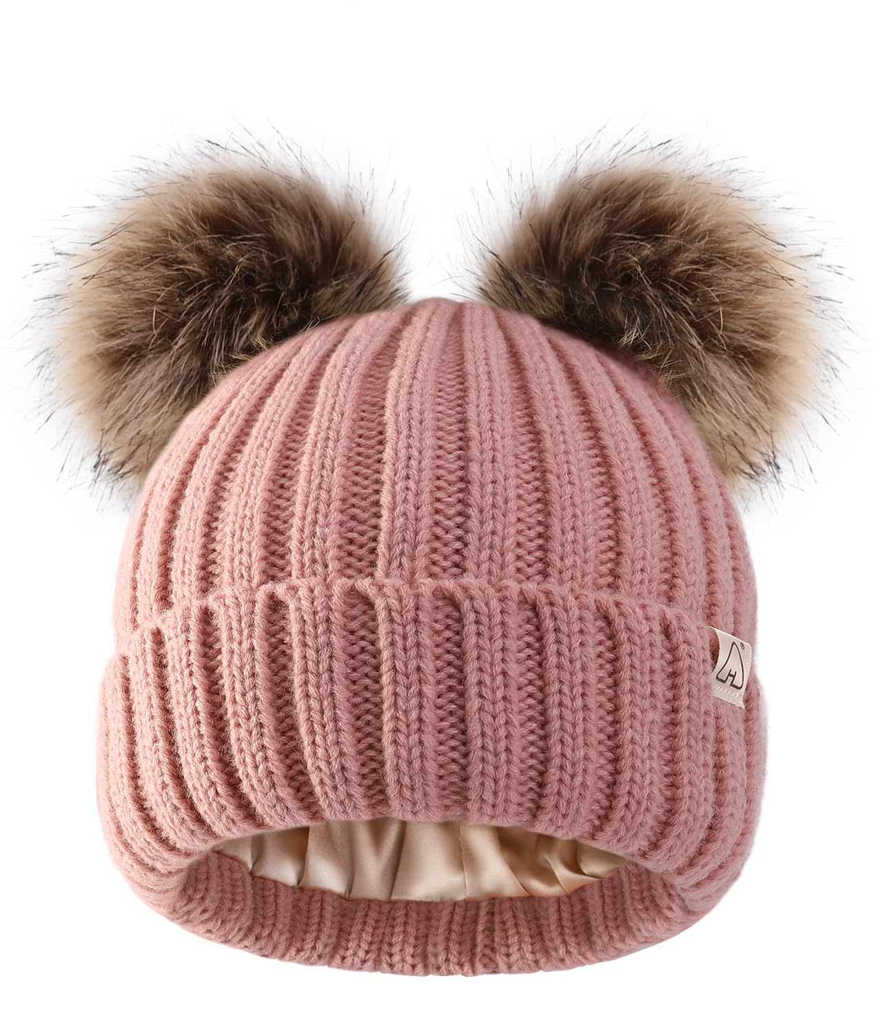 Hat Hut Men's B3-Pink 2 Poms Satin Lined Beanie For Baby Winter Hats For Kids Toddler Double Bobble Hat Pom Pom Beanie For Boys Girls (B3-Pink 2 Poms)