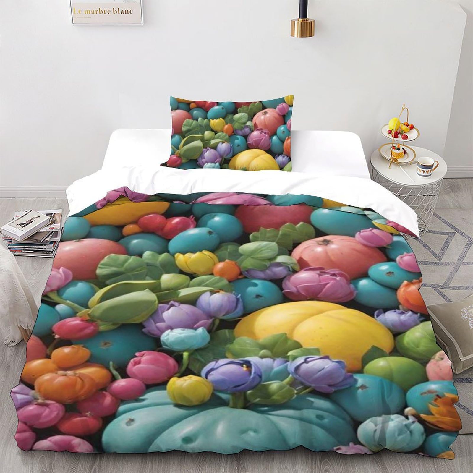 Housse de couette fleurs colorées 135x200 microfibre et taies d'oreiller