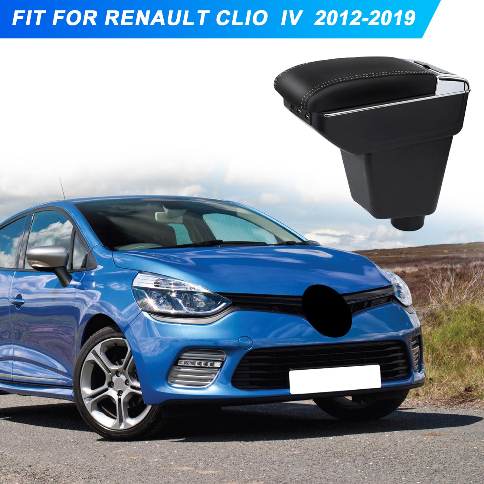 Apoyabrazos Compatible con R-enault Clio 4 IV 2012-2019 Apoya brazos coche Consola Reposabrazos Central Tapizado Caja de Almacenamiento Cuero con 7 puertos USB