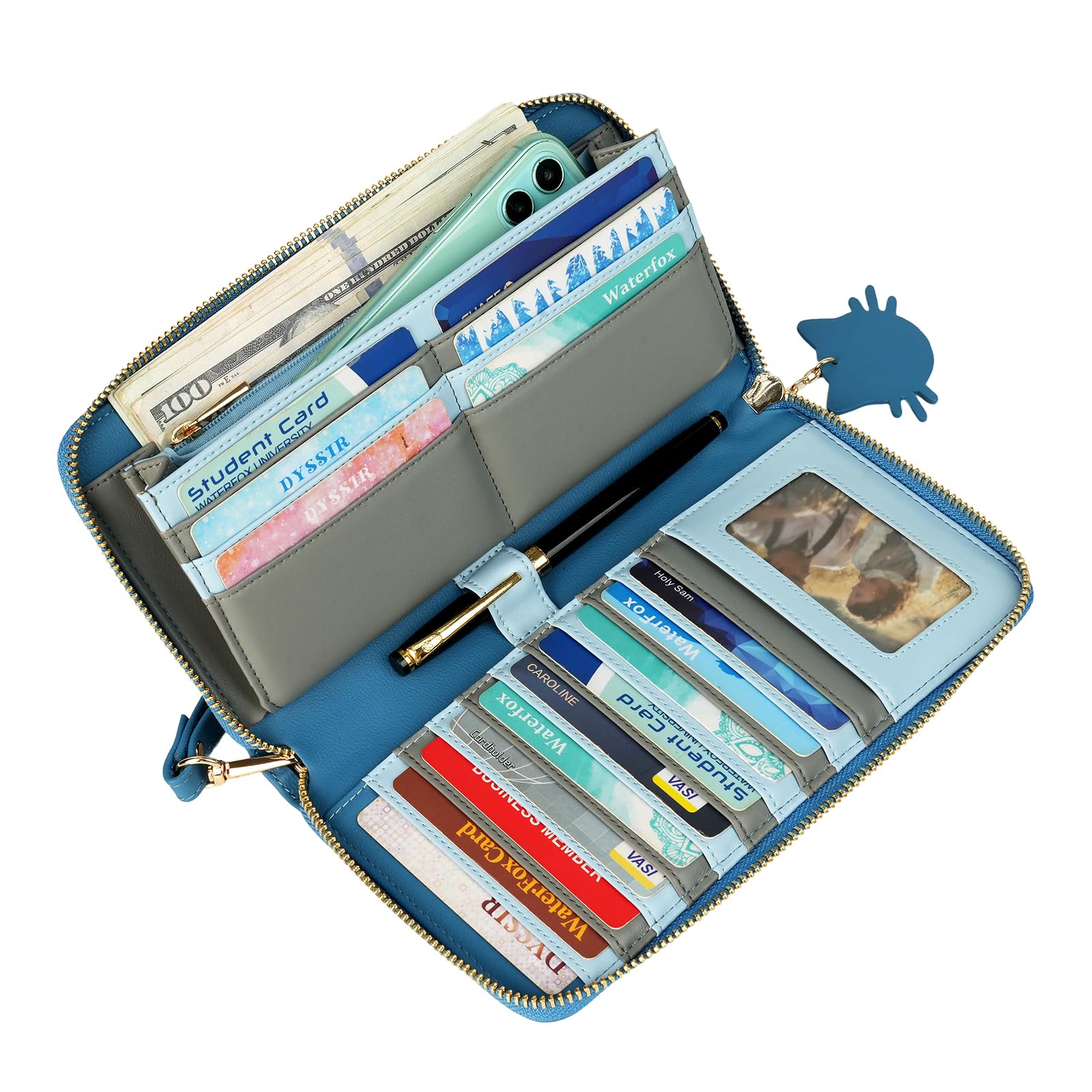 Portafogli Donna Grande con Gatto Stilizzato – 17 Slot Carte, Zip Monete, Spazio Penna – Design Esclusivo e Vegan Friendly – 3 Colori Disponibili (Ottanio con gatto blu)