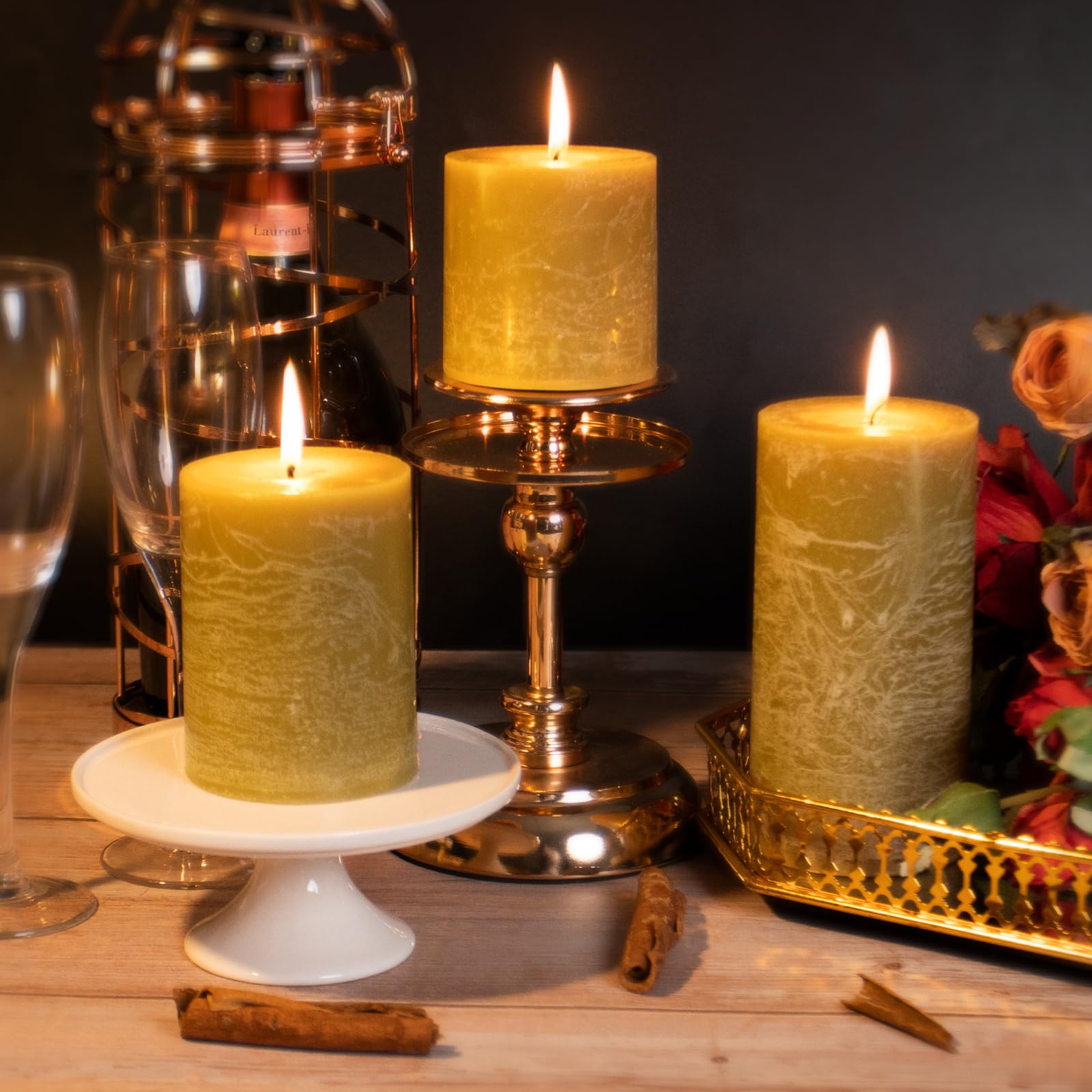 KONNI Juego de 3 velas de pilar de cera amarilla, velas de pilar sin perfume de 3 x 3 pulgadas, velas de combustión de 30 horas de duración, vela redonda grande sin humo y sin goteo para bodas,
