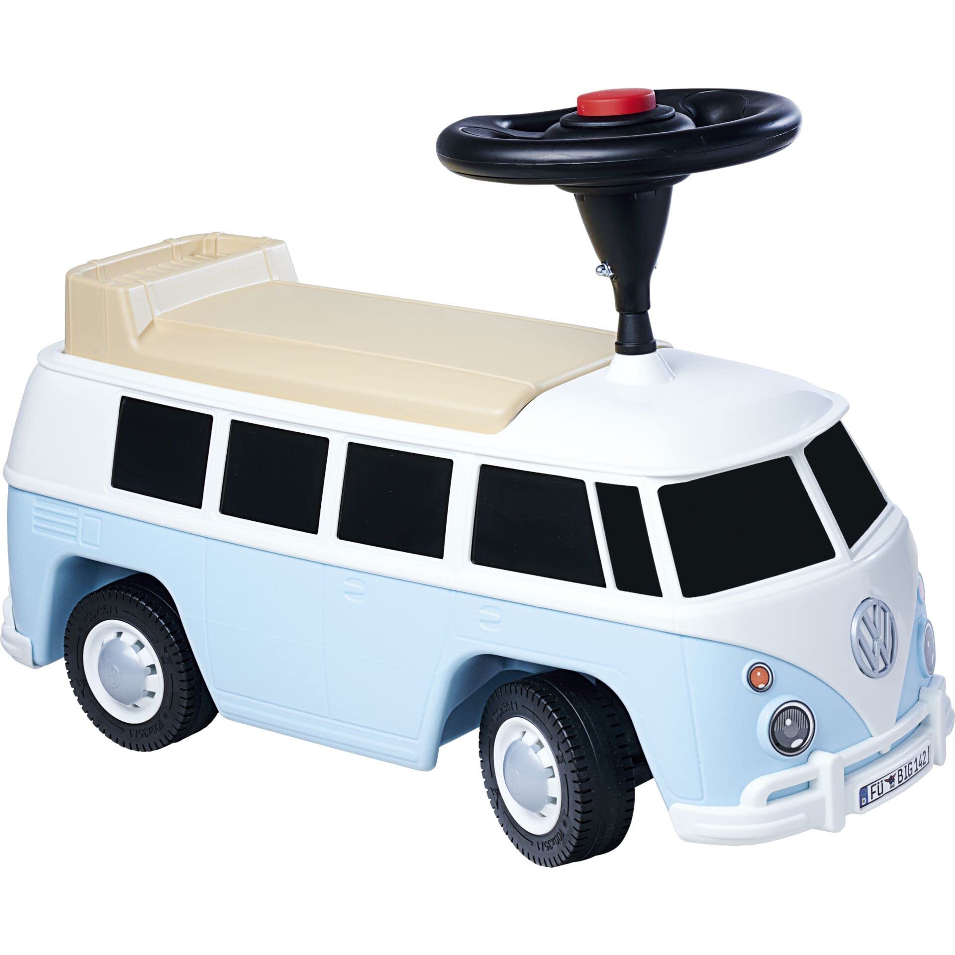 Big Baby VW T1 (Blue/White) 2-in-1 Ride-On Car and Toy Vehicle for Children from 18 Months to 5 Years (max. 50 kg), Car with Horn, Compartment and Small Backrest