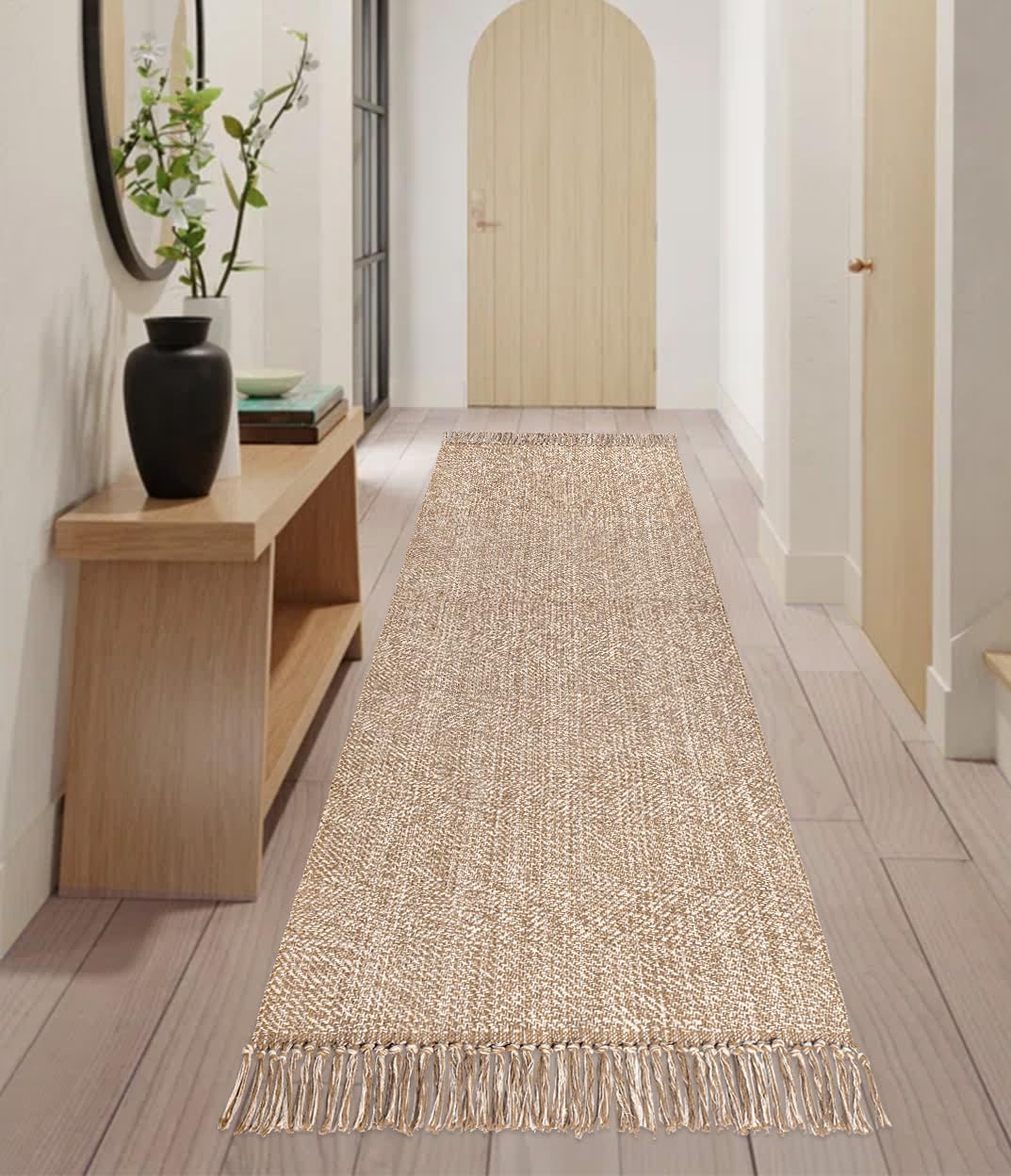 Boho Hallway Runner Rug 2.6' x 8',Tan Cream Cotton Woven Washable Runner Rug Front Entryway Rug Farmhouse Kitchen Runner Rug for Hallway Bedroom Living Room Bathroom Sink Foyer