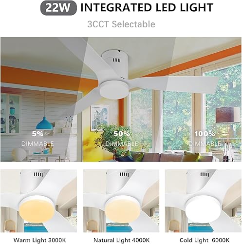 Miniatura 3 de Wozzio Ventilador de techo empotrado de 52 pulgadas, color blanco, con control remoto, luz LED regulable de 22 W, motor de CC, 6 velocidades,