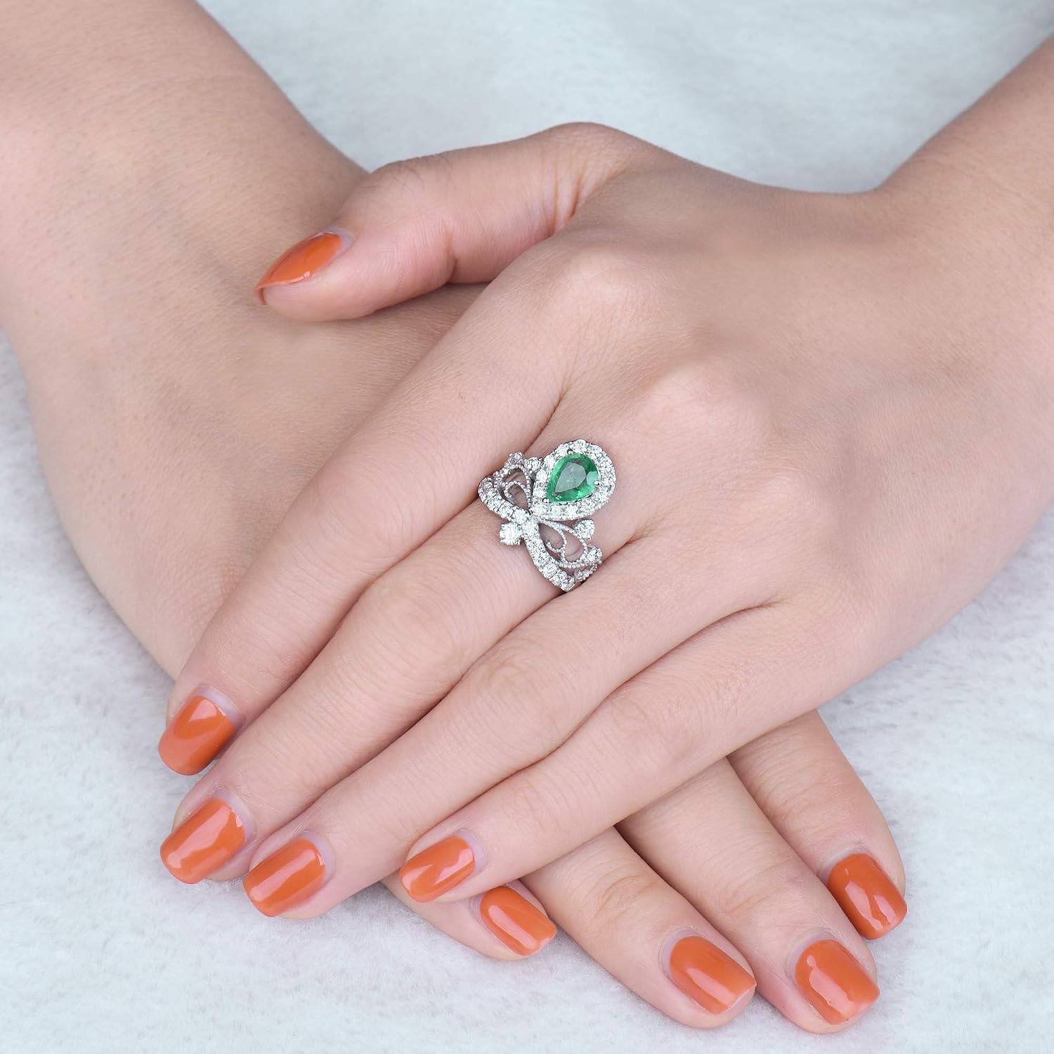 Emerald Ring For Women, 14K White Gold Rings - Green Emerald Ring with Diamond, Natural Genuine Emerald Rings & Real Diamond Gemstone Rings For Couple Engagement Ring