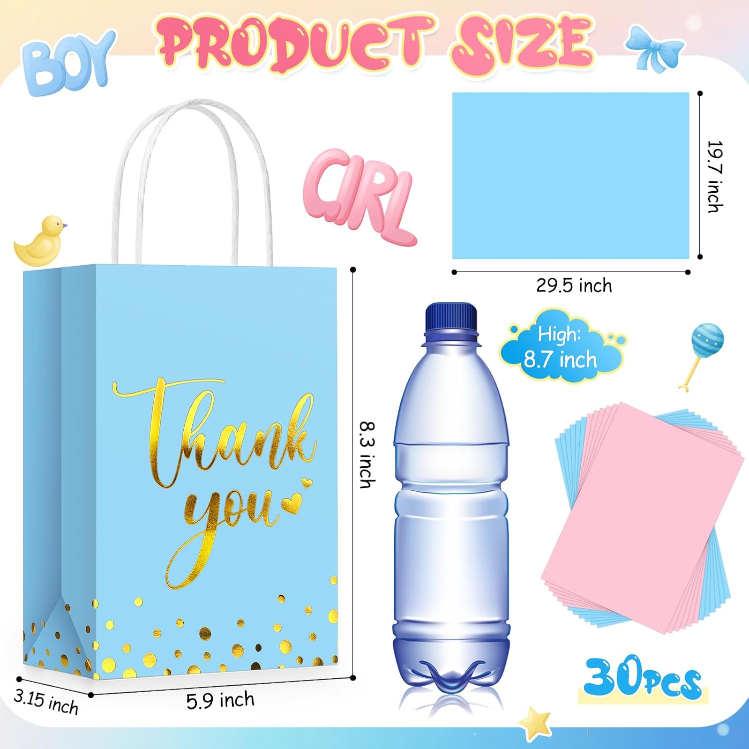 Tinlade 30 Pcs Thank You Gift Bags Small with Tissue,Light Blue, Pink image 3