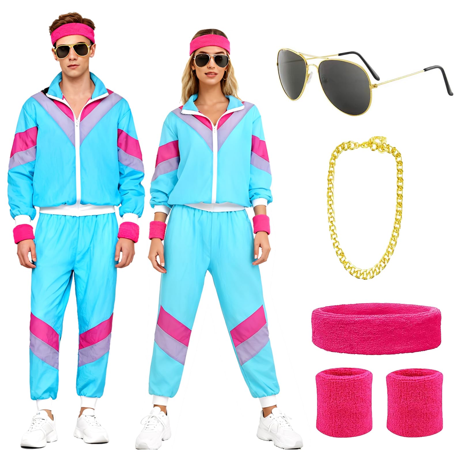 80s Men's Women's Costumes, Carnival Costumes Man Woman, Retro Tracksuit with Jacket Pants and Accessories, 80s Costume for Carnival Halloween Cosplay Theme Party