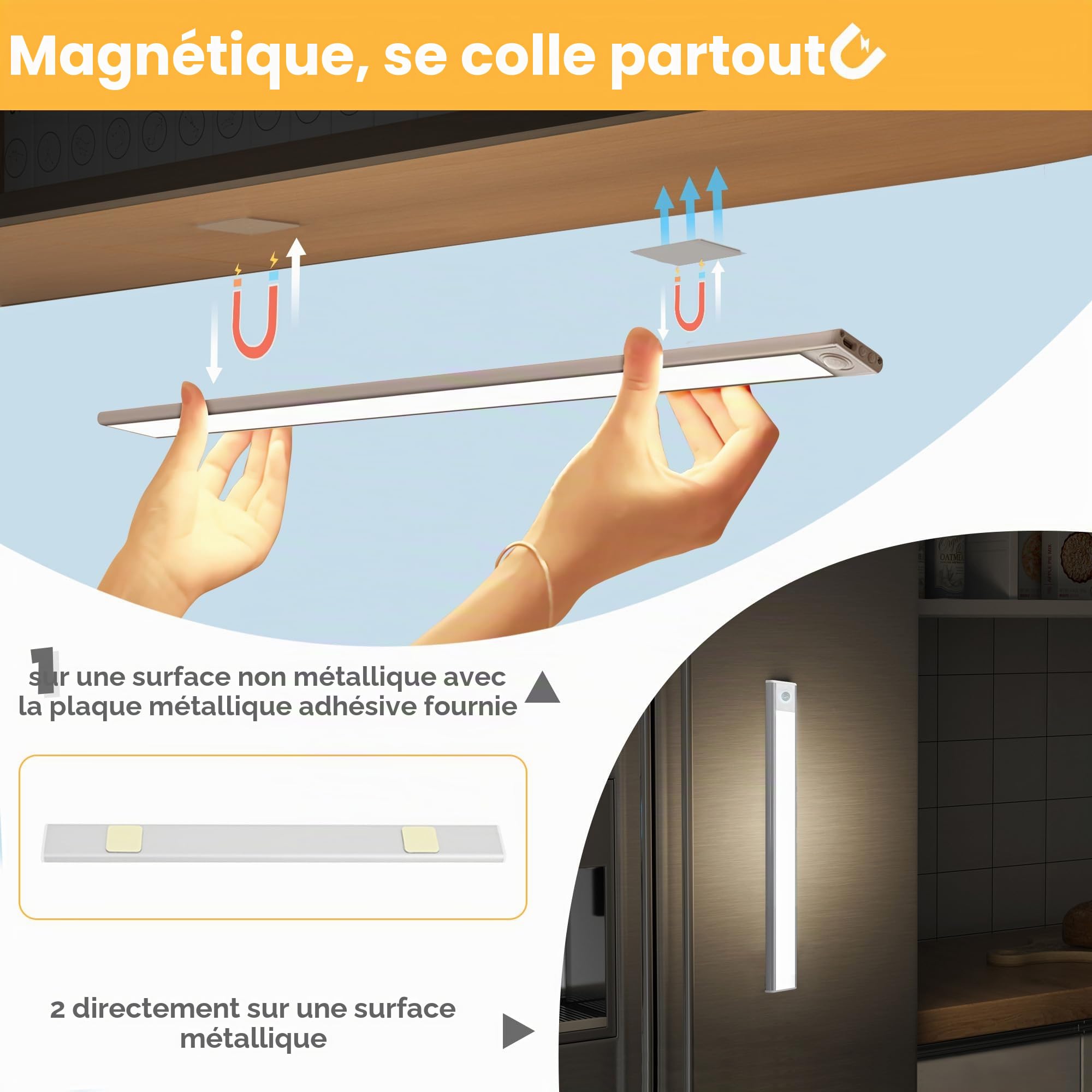 Lot de 2 Lampe de Placard LED 60CM Rechargeable - Dimmable, Détecteur de Mouvement, 3 Températures de Couleur - Magnétique et Ultra-Plate pour Cuisine, Dressing, Salle de Bain