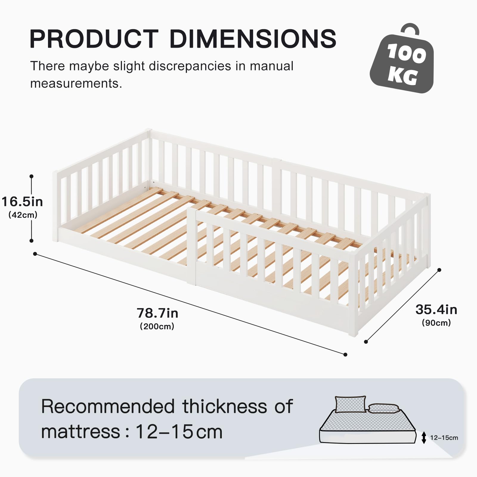 labebe Kinder-Bodenbett 90 x 200, weißes Massivholz-Montessori-Bett mit Sicherheitsgeländer und Lattenrost (Matratze Nicht im Lieferumfang enthalten) Geeignet für Kinder und Babys