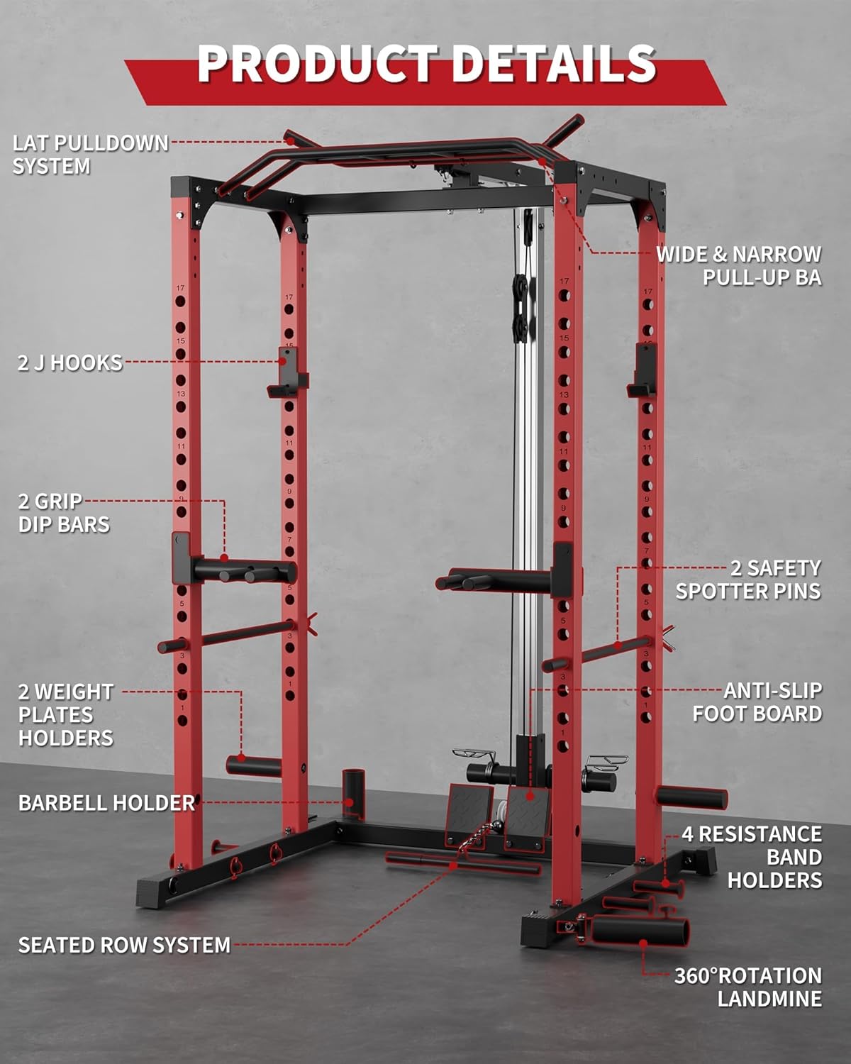 1200LBS Power Cage Squat Rack with Pulley System, Multi-Functional Home Gym Power Rack with LAT Pulldown, Dip Handles, j-Hooks & Landmine, Heavy Duty Weight Lifting Strength Training Equipment