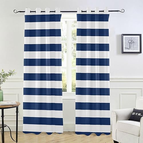 Blue White Stripe Blackout Curtains 84 inches Length Window Curtains for Bedroom 84 Inch Length Room Divider Curtain Door Curtains for Bedroom Decor