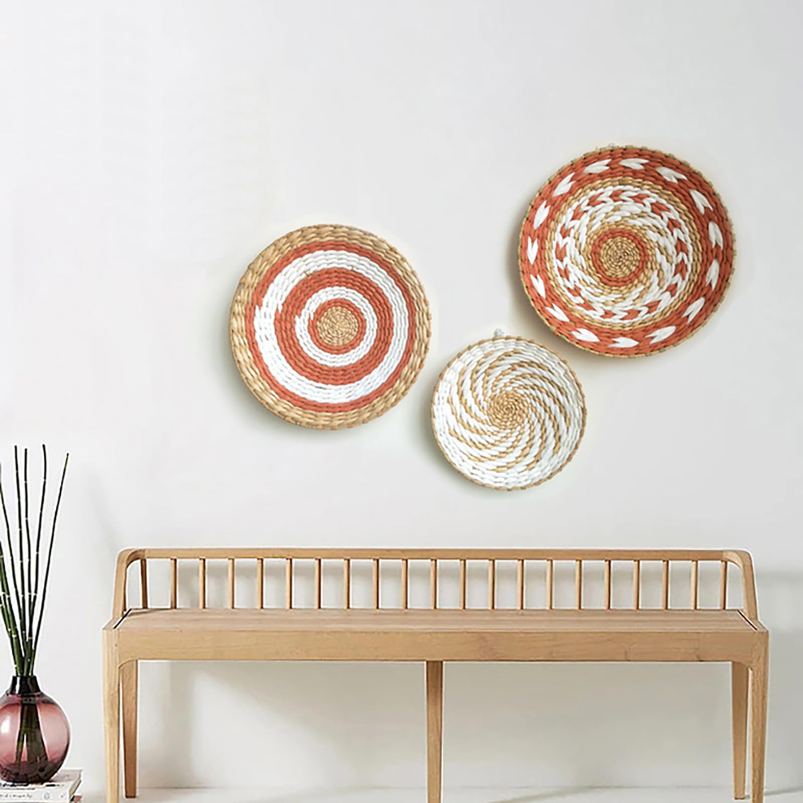 RXMORI Boho muurmand, decoratieset van 4, handgemaakte geweven rotan wandplaten, ronde platte rieten manden voor woonkamer slaapkamer (25 - 34 cm RXMORI Boho muurmand, decoratieset van 4, handgemaakte geweven rotan wandplaten, ronde platte rieten manden voor woonkamer slaapkamer (25 - 34 cm