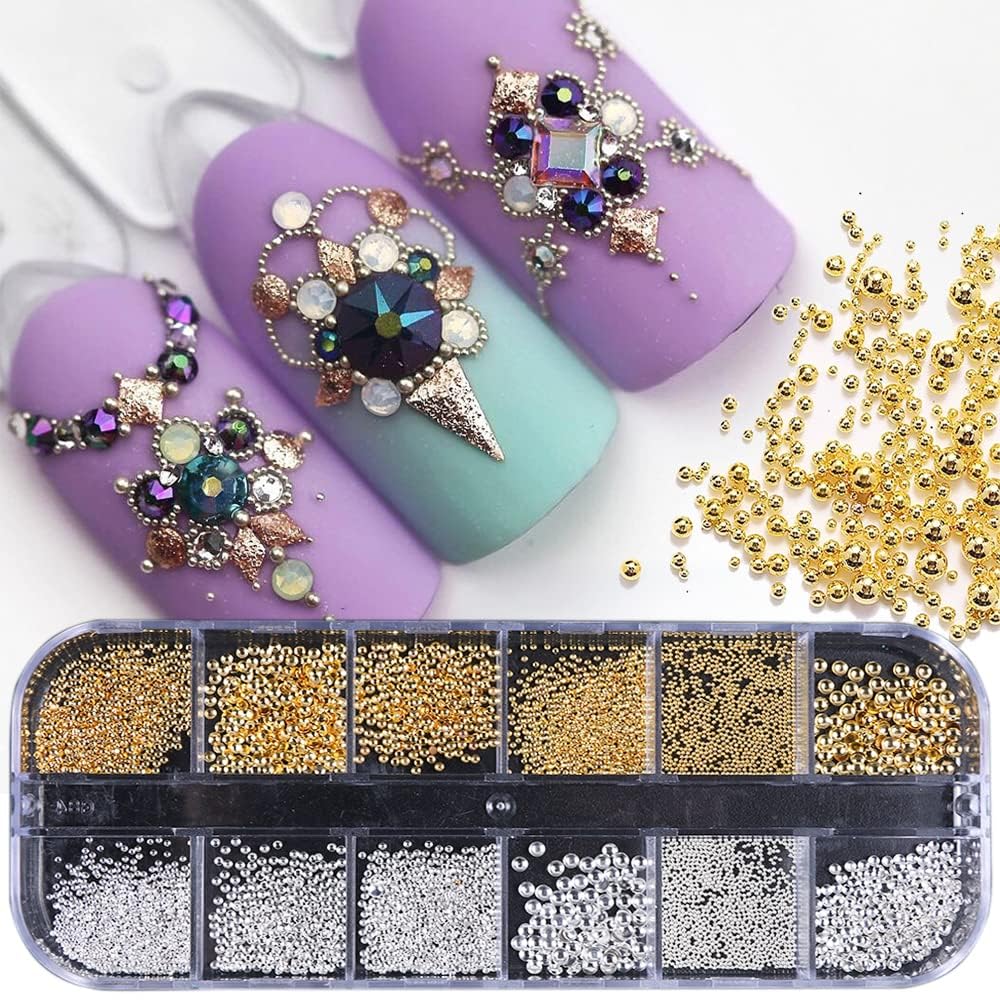 3D Nails Art Metal Charms Gold Nail Micro Caviar Beads Nail Studs for Women Rivet Nail Art Jewels Decoration Pixie Crystal for Nails Rhinestones Kit Professional Manicure Supplies (Beads)