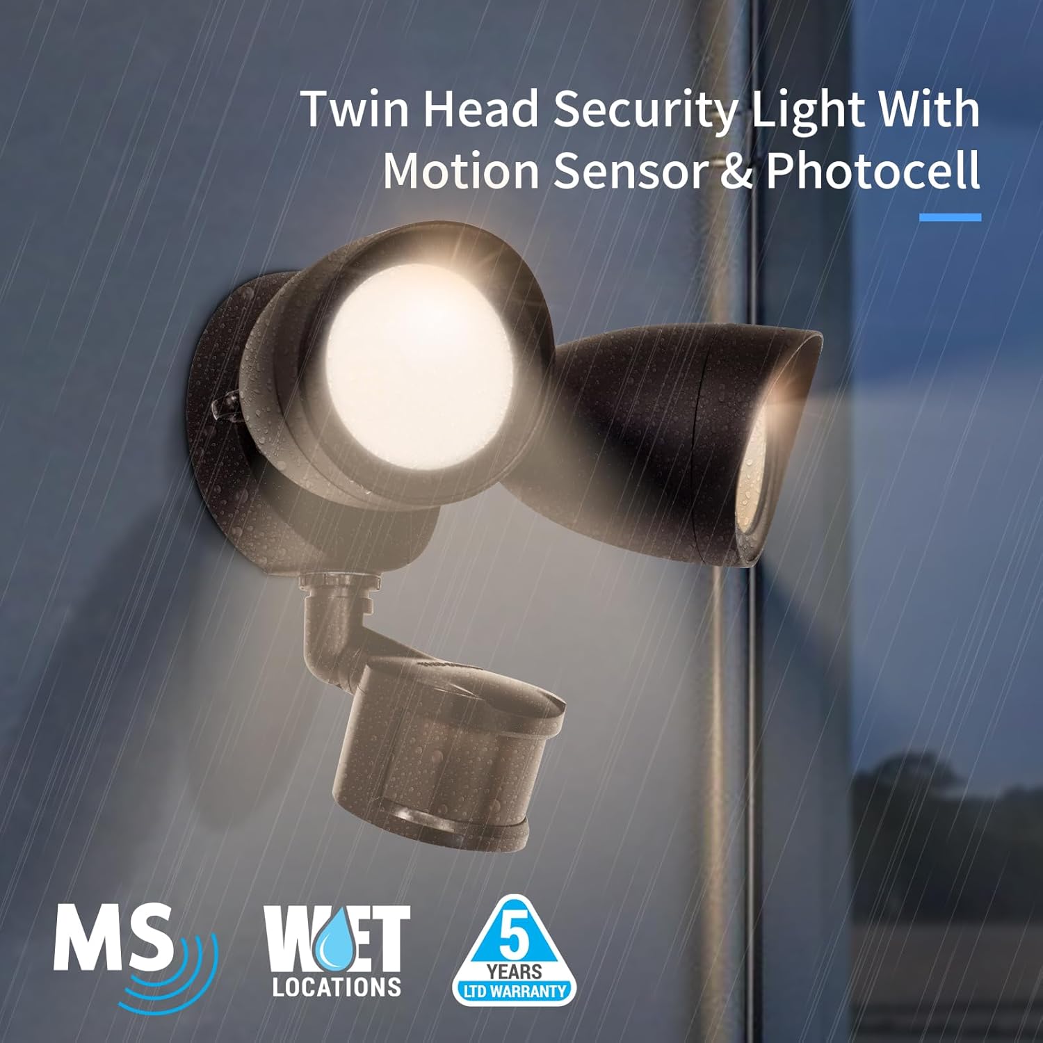 mw Twin-Head LED Security Light with Motion Sensor & Dusk-to-Dawn photocell, Die-Casting Aluminum Housing, 5000K Daylight, EnergyStar and UL Certified (Bronze, 1 PK)