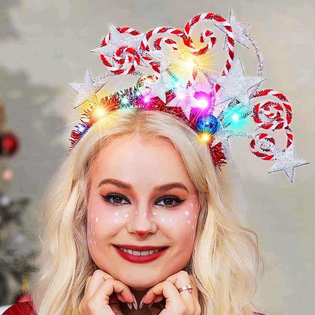 Kilshye Light Up Star Christmas Headband Ball Xmas Hairband Candy Cane Headwear Costume Hair Hoop Party Hair Accessories for Women and Girl - Image 3