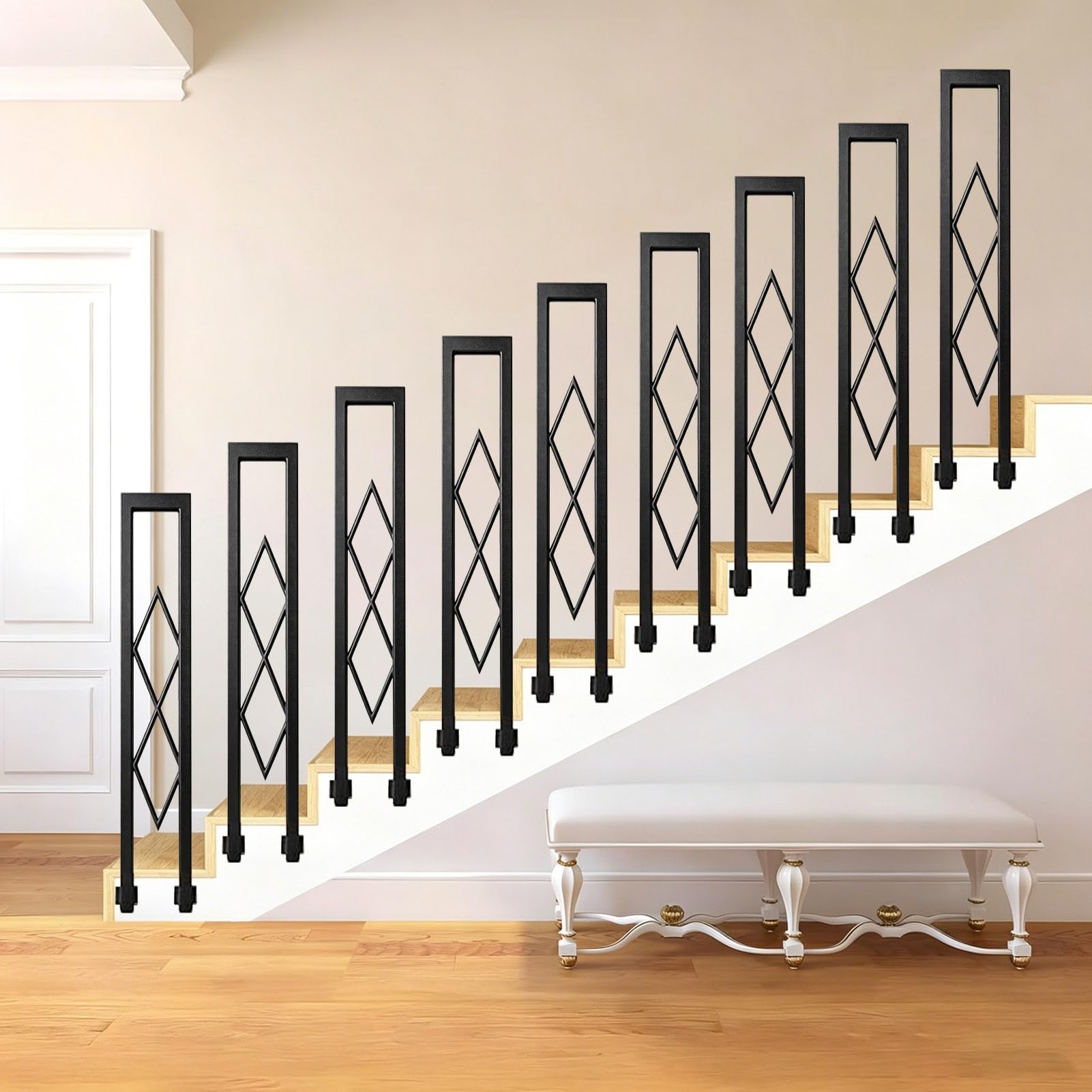 Side Mount Stair Railing Handrail for Outside Steps 55cm 75cm 85cm 90cm 100cm Metal Square Tube Stair Handrail Front Porch Hand Rail Fits 1 Step, Grab Rails(Black,55cm/22in)