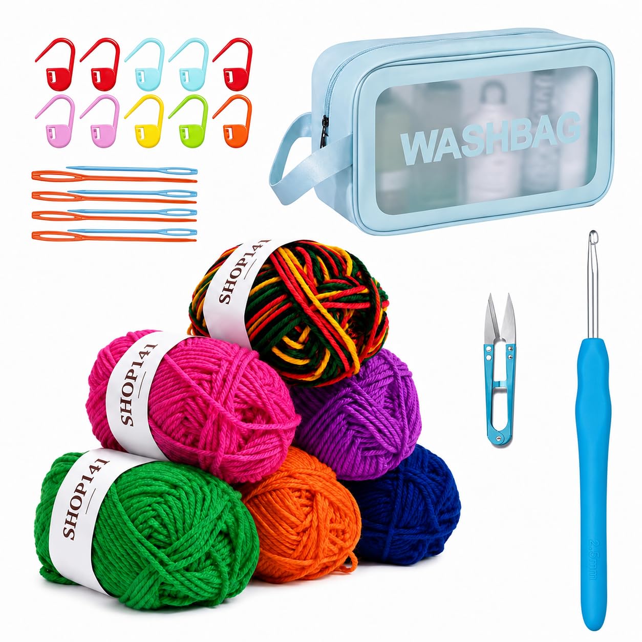 Crochet Kit for Beginners with Yarn and Accessories, 6 Colors Cotton Crochet Set with Crochet Hook, Stitch Markers, Yarn Needles, Thread Cutter and Storage Wash Bag for Adults and Kids DIY Knitting Crafts-image-41