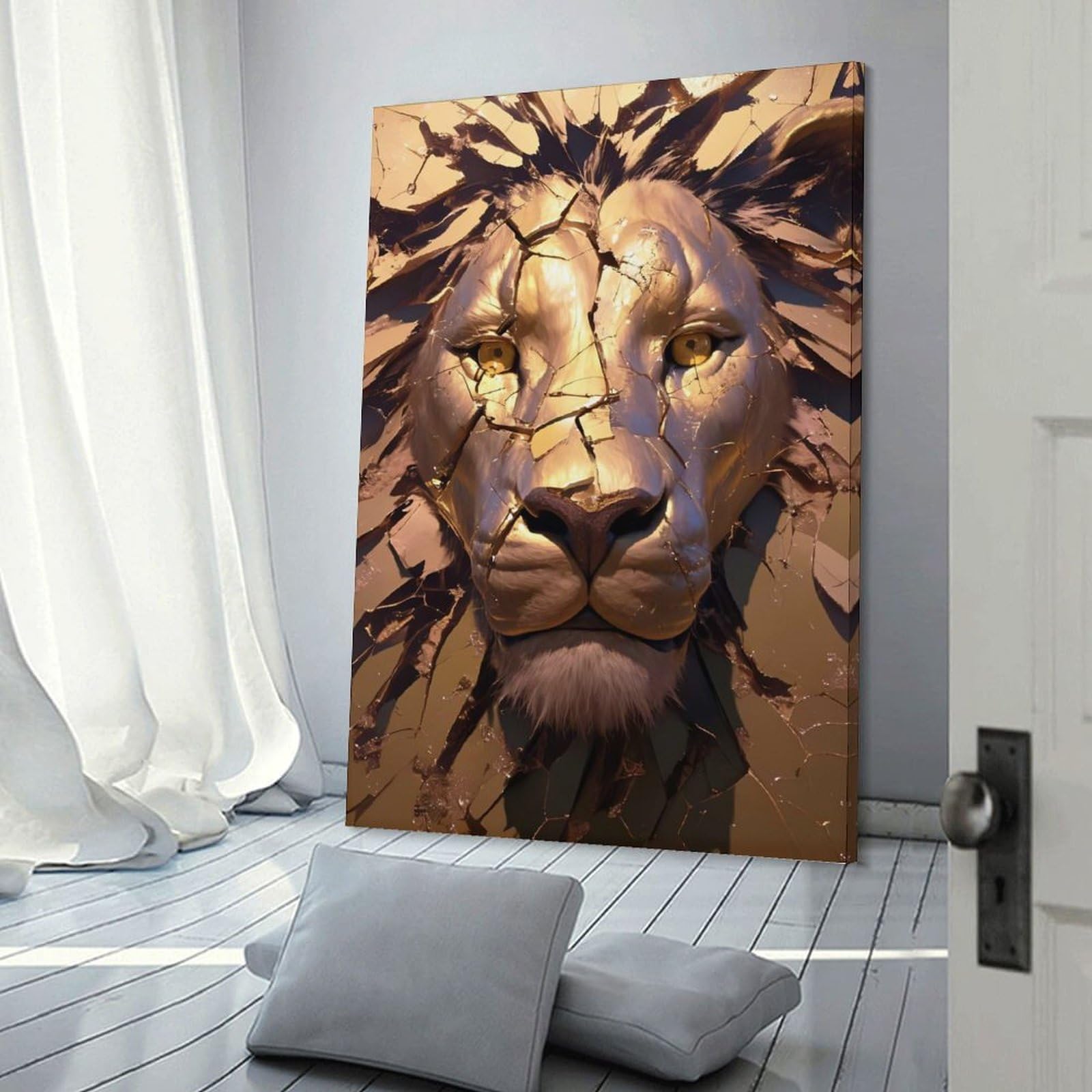 Junmoney Frame-Style-10 Canvas Wall Art Golden Lion Head With Cracks, 20X30inch(50X75cm), For Lounge, Study, Hallway Or Flat Walls, Canvas Wall Art That Fits Changing Layouts