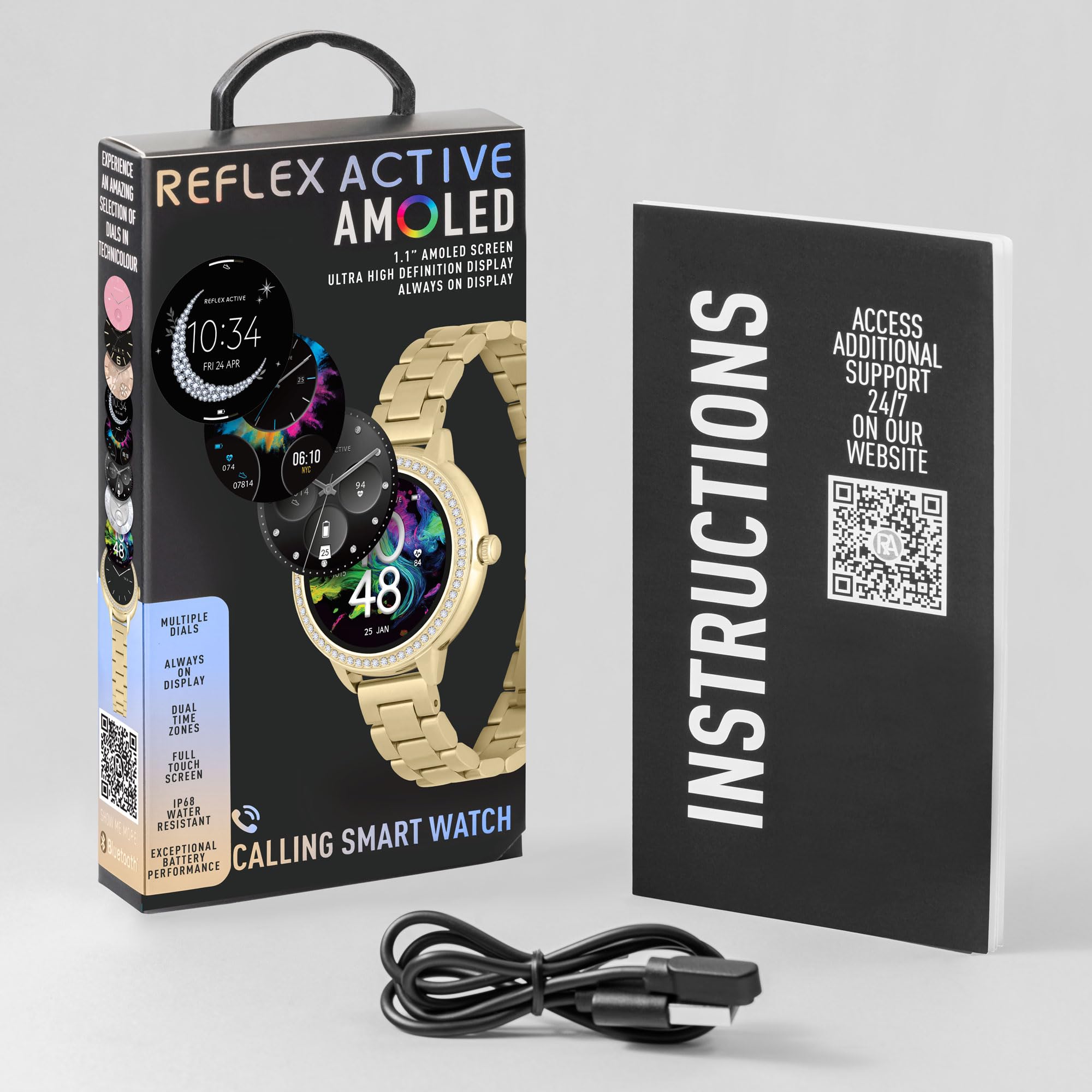 Reflex Active Inteligentny zegarek Amoled Series 41 dla kobiet z trybami sportowymi, tętnem, odbieraniem połączeń, odtwarzaczem muzyki, GPS, licznikiem kroków, śledzeniem cyklu i zestawem kamieni
