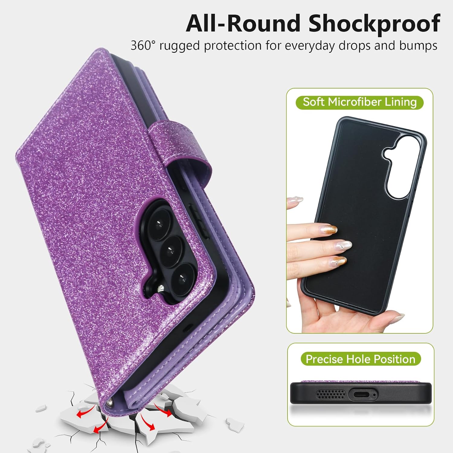 Varikke for Galaxy S26 Wallet Case Detachable with RFID Blocking Card Holder for Women, Glitter Leather Strap Magnetic Flip Wallet Removable Phone Case Cover for Samsung Galaxy S26 6.3", Light Purple