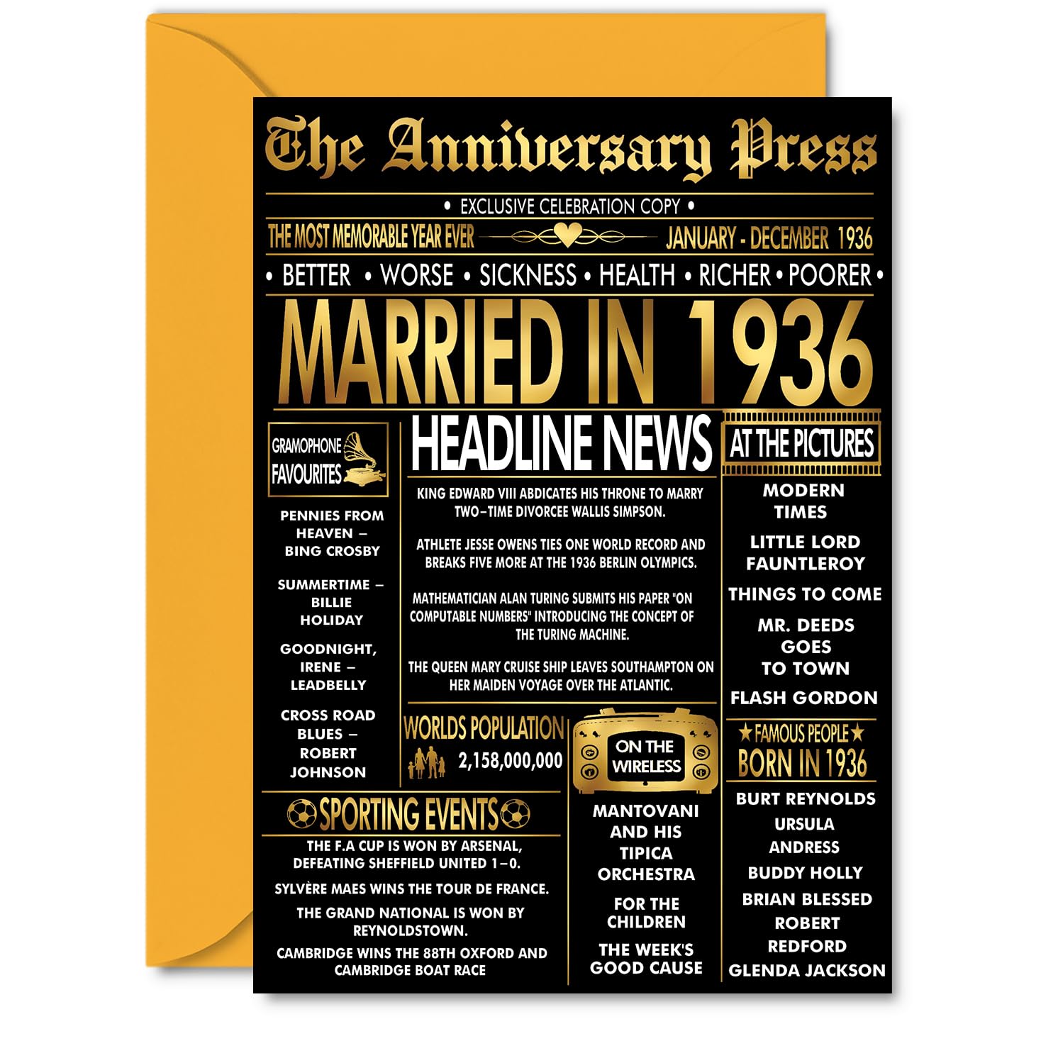 Gold 90th Anniversary Card for Men Women - Golden Newspaper Married in 1936-90 Year Wedding Anniversary Card for Companion Husband Partner Wife, A5 Anniversaries Greeting Cards