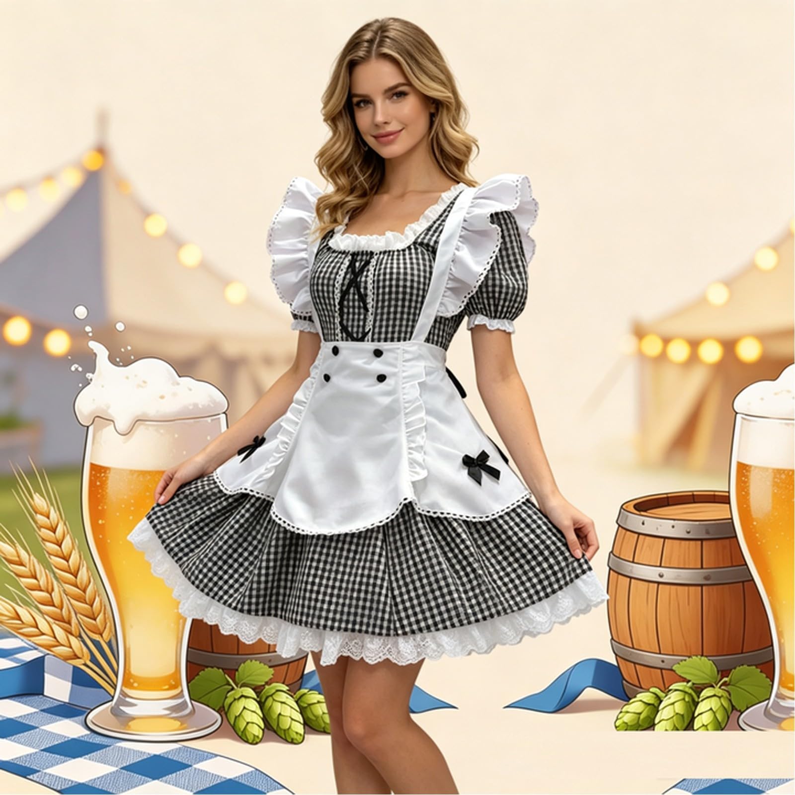 2026, abito da servità, con motivo a quadri, per costume tradizionale bavarese con bordo in pizzo, abbottonatura a tre file, elegante abito dirndl in stile, perfettamente combinato con tacchi alti, da