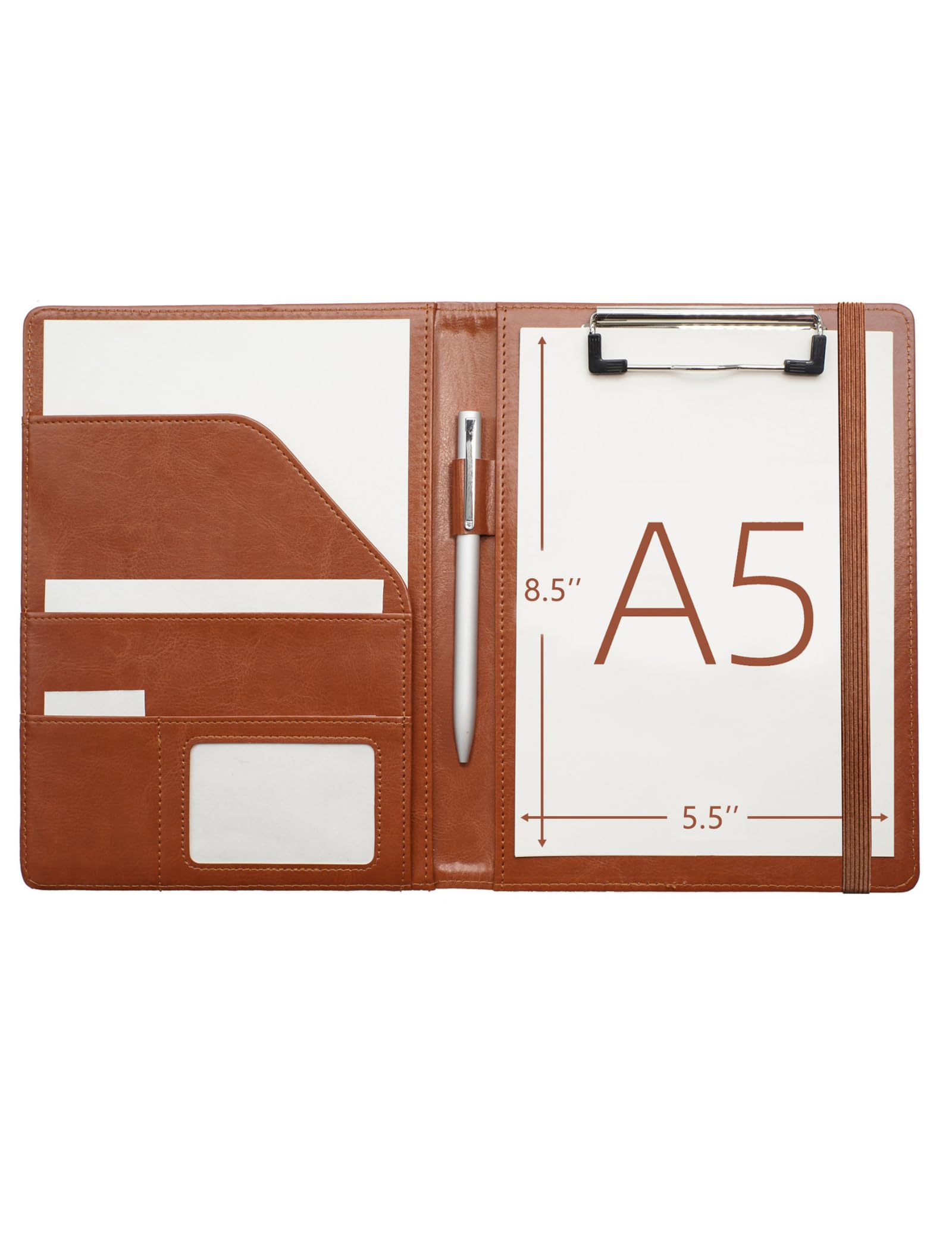 Mymazn Junior Padfolio Clipboard Small for 7 x 9 Writing Pad Refillable, Faux Leather Folder A5 for Folio Notepad Legal pad 5 x 8 Junior Size Folio Portfolio (Brown)