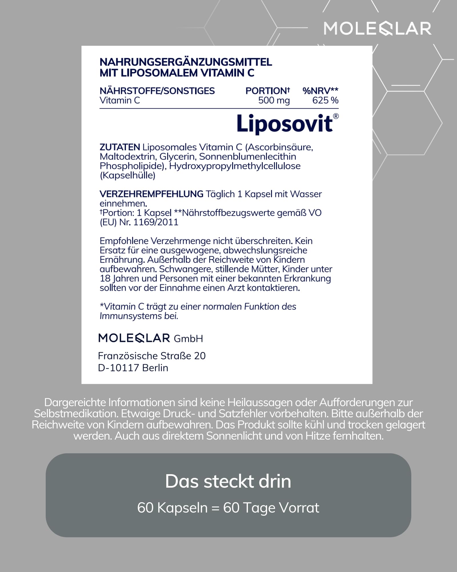 MoleQlar Vitamin C Kapseln liposomal - 500 mg Vitamin C pro Kapsel - 60 Stück als 2-Monatsvorrat - Liposovit Markenrohstoff (Packung mit 2)