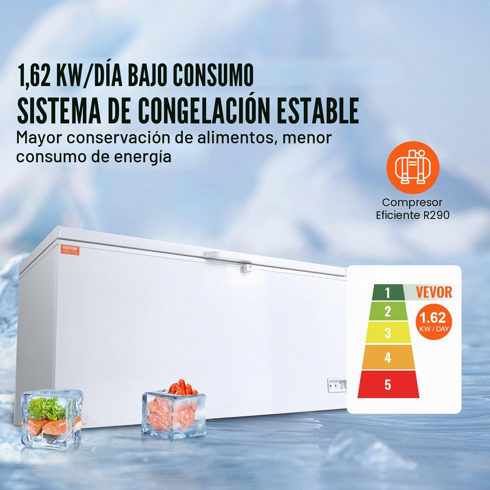 VEVOR Congelador Horizontal Grande de 488 L y 4 Cestas Extraíbles Independientes con Puerta Abierta Superior con Tapa de Bloqueo Temperatura Ajustable de 7 Niveles Iluminaciones LED 6 Ruedas