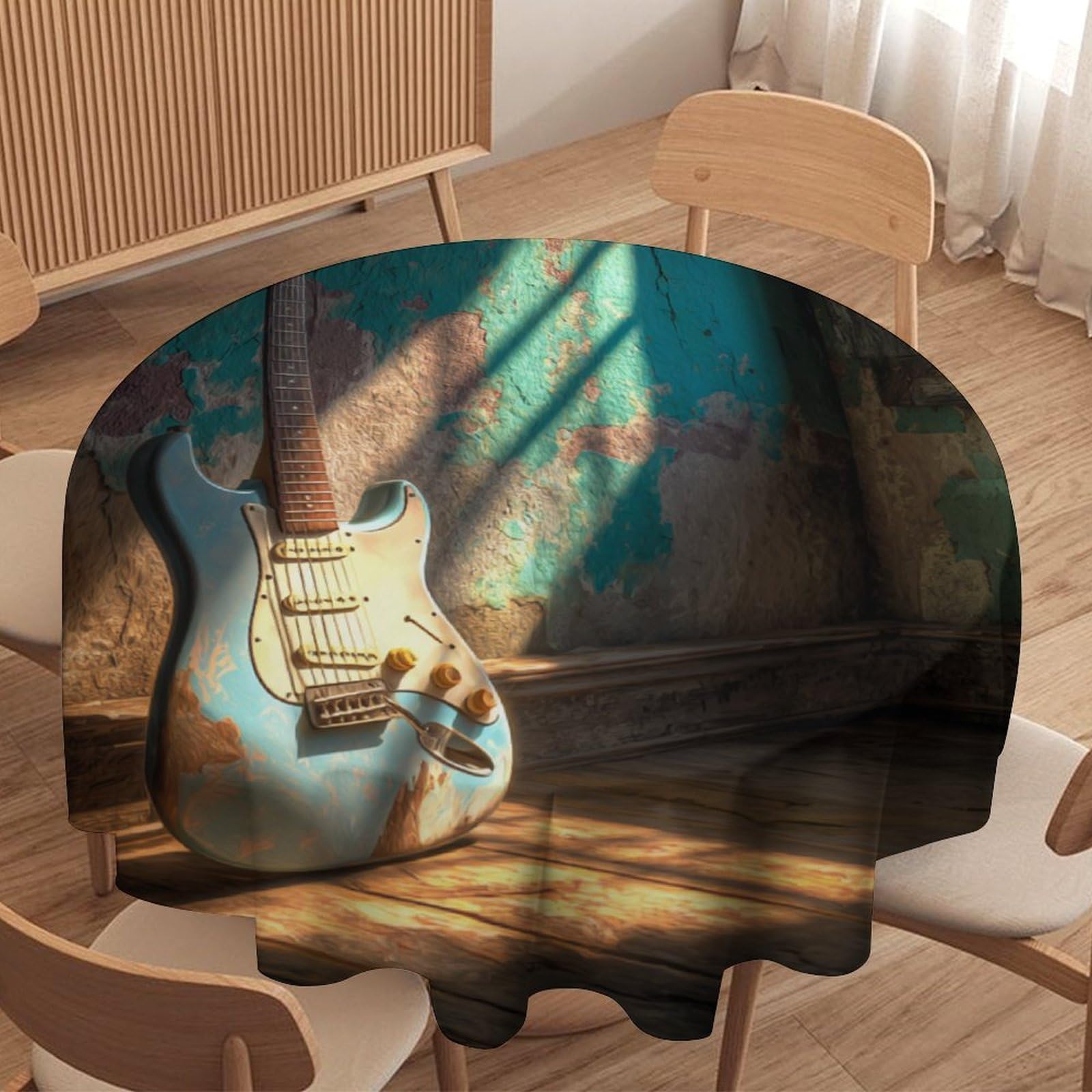 LUYYSKY Funny Realistic Music Guitar Waterproof Round Tablecloth Modern Retro Graffiti Wall Musical Instrument Pattern Washable Table Cover for Kitchen-152.4" Wx152.4 L cm