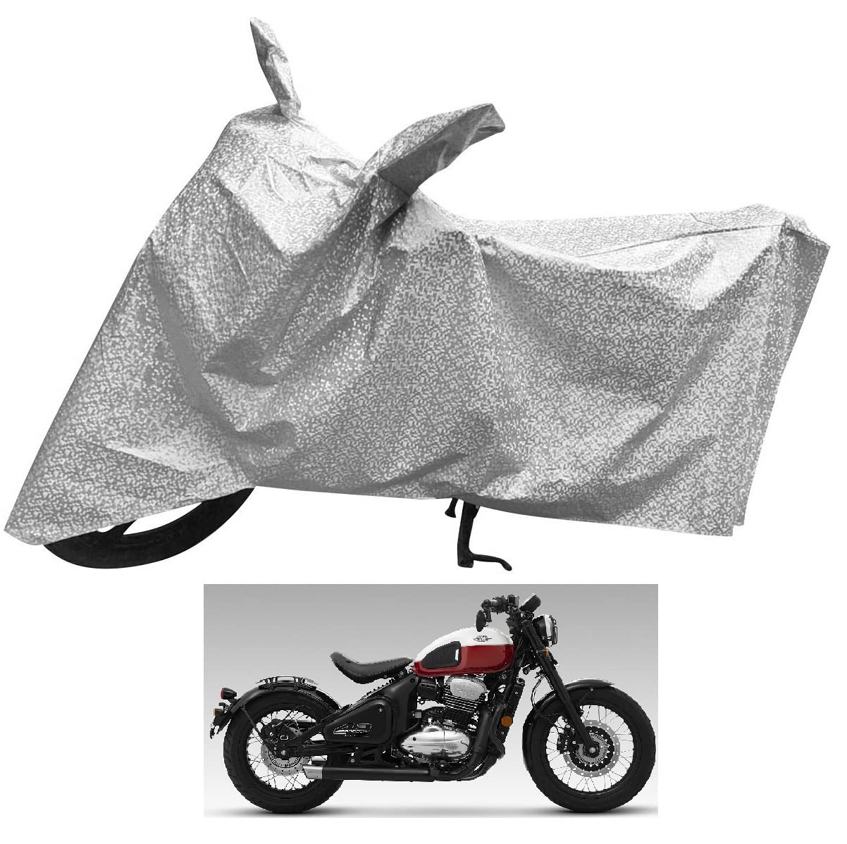 Auto Hub Waterproof Bike Cover Compatible with Jawa 42 Bobber, Heatproof, Mirror Pocket, Belt & Buckle, Jawa 42 Bobber Bike Cover Waterproof - 1 Unit, Metallic Silver