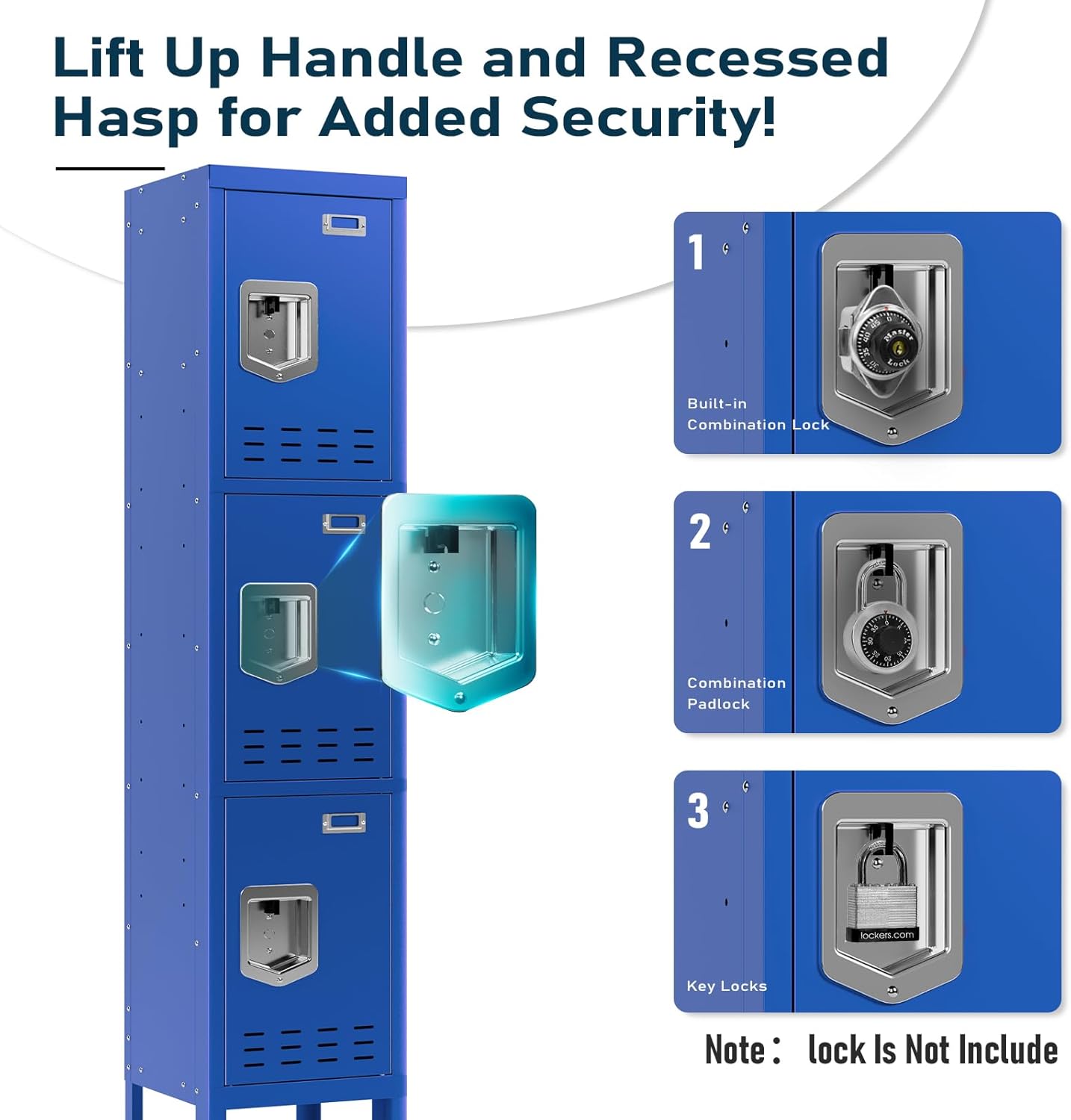 Metal Locker with 3 Doors - Employees Locker with Hooks, 66" Storage Cabinet for Home, Office, Gym - Blue, Requires Assembly