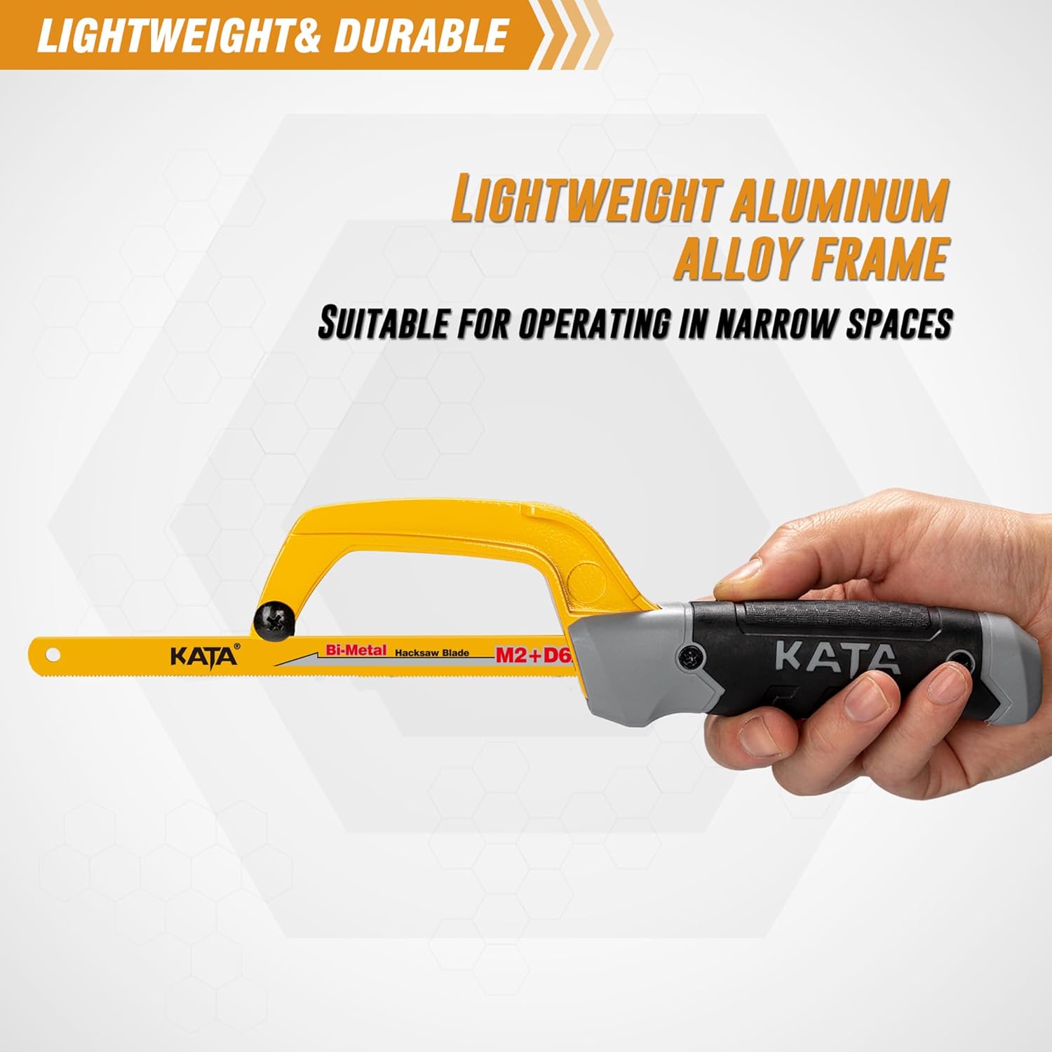 KATA Mini Hacksaw for Metal Cutting, Compact Hand Hack Saw Tool with 10 Inch Aluminum Frame and 2 Piece Extra Flexible Bi-Metal HSS Saw Blades, Small Handsaw Cutter for Wood, PVC, Iron, Copper