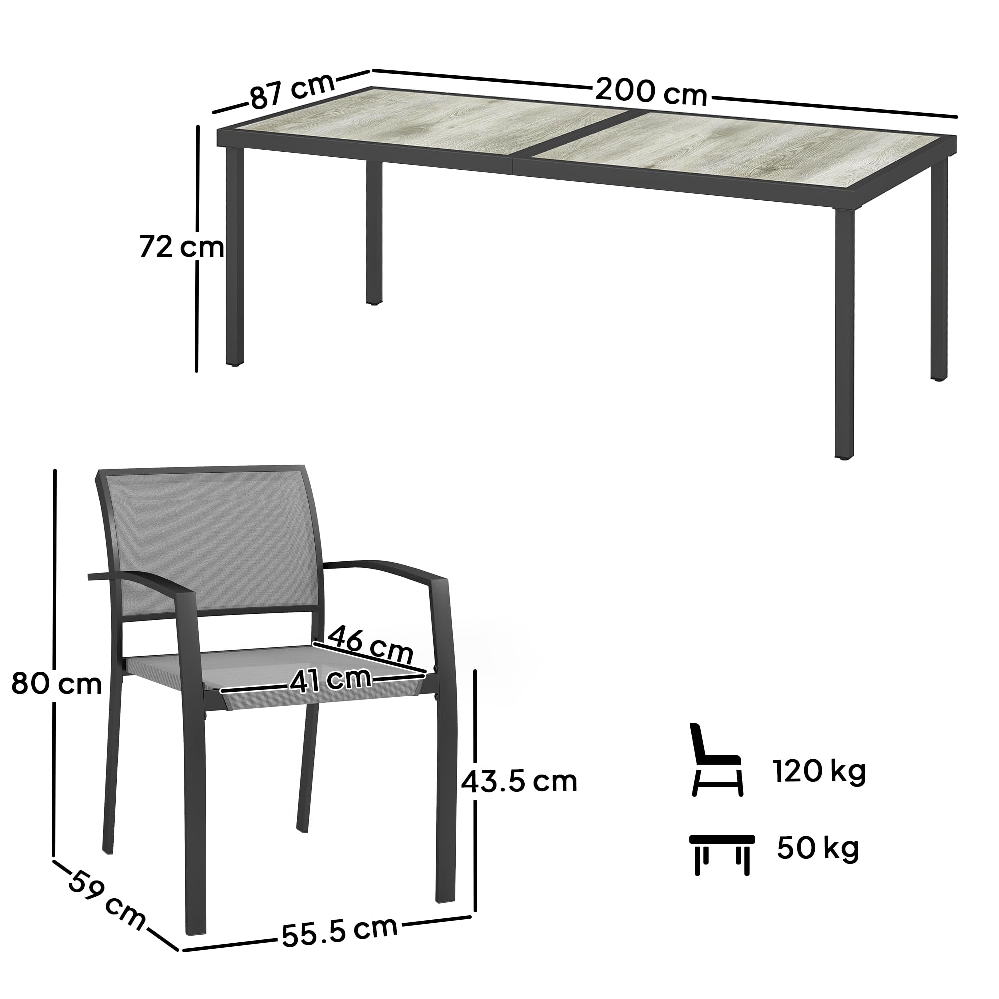 Outsunny Set Tavolo da Giardino con Sedie da 9 Pezzi, Set da Pranzo con Tavolo con Piano in PSPC, 8 Sedie da Esterno Impilabili con Braccioli, Set di Mobili in Acciaio e Textilene da Terrazza, Grigio