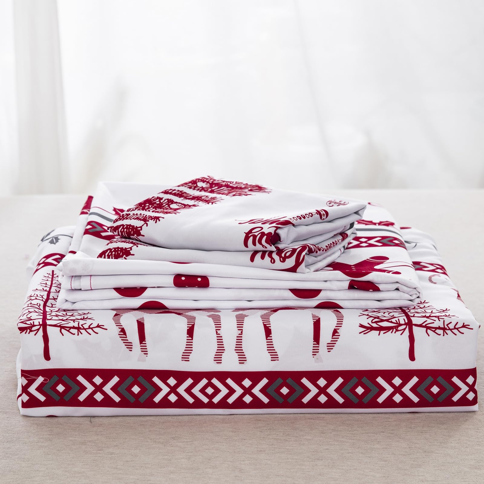 Weihnachts-Bettlaken-Set 4-teilig – Queen Size, Mit Hirschen & Bäumen, Aus Weicher Mikrofaser
