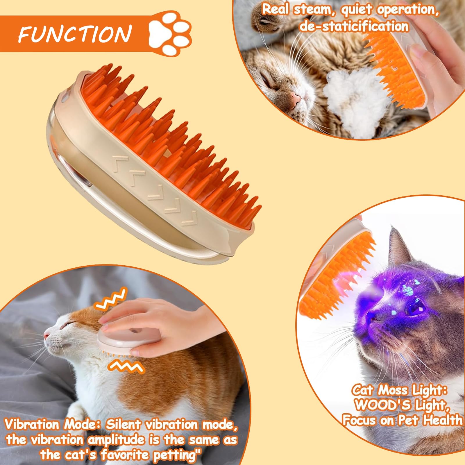 Cat Steam Brush,4 in 1 Cat Grooming Supplies, Portable Pet Hair Removal Tool for Cat and Dog, Self Cleaning Steam Brush for Massage, Clean and Removing Loose Hair (Upgraded version (massage version)) 2
