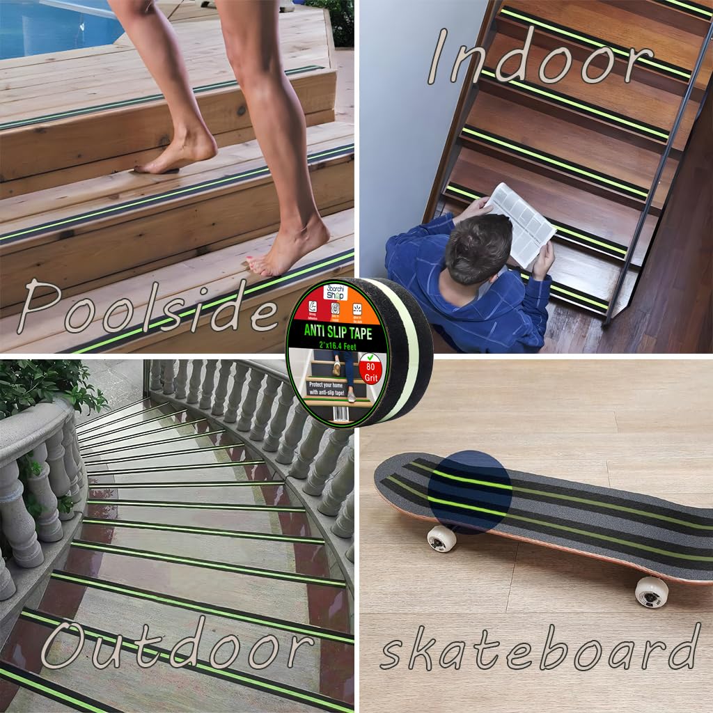Glow in The Dark Anti Slip Tape for Stairs 2 Pack Safety Grip Strips 2in x 16.4ft Waterproof Non Skid Traction Tape for Indoor & Outdoor Steps Black with Bright Green Walk Caution Tape - Image 6