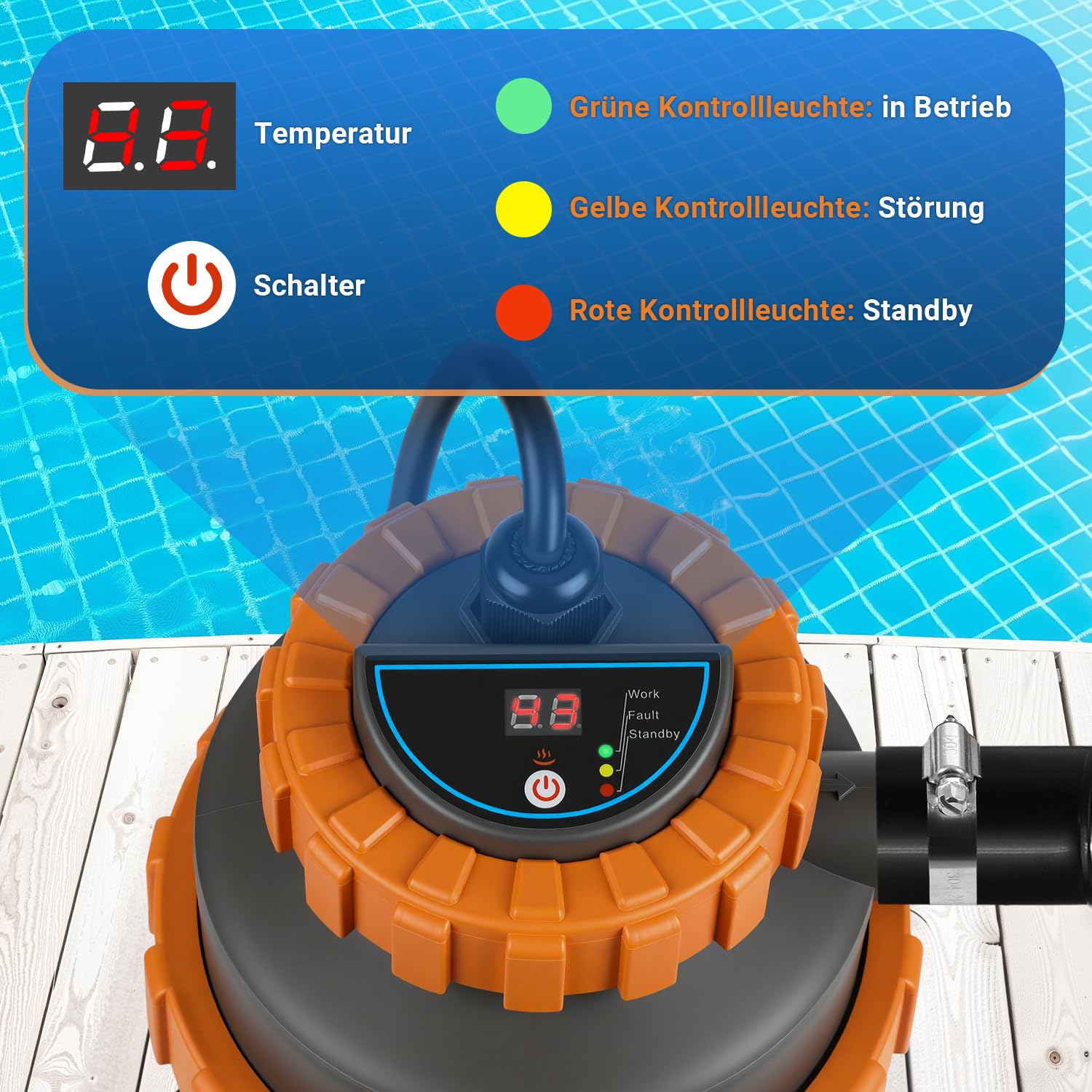 Poolheizung Ø 17 x 42 cm, Warmwasser Heizung für Pools, Schwimmbadheizung mit Digitalanzeige und automatischer Wärmespeicherung, 32-38mm Anschluss, Pool Heizungen für Schwimmbad, Gartendusche