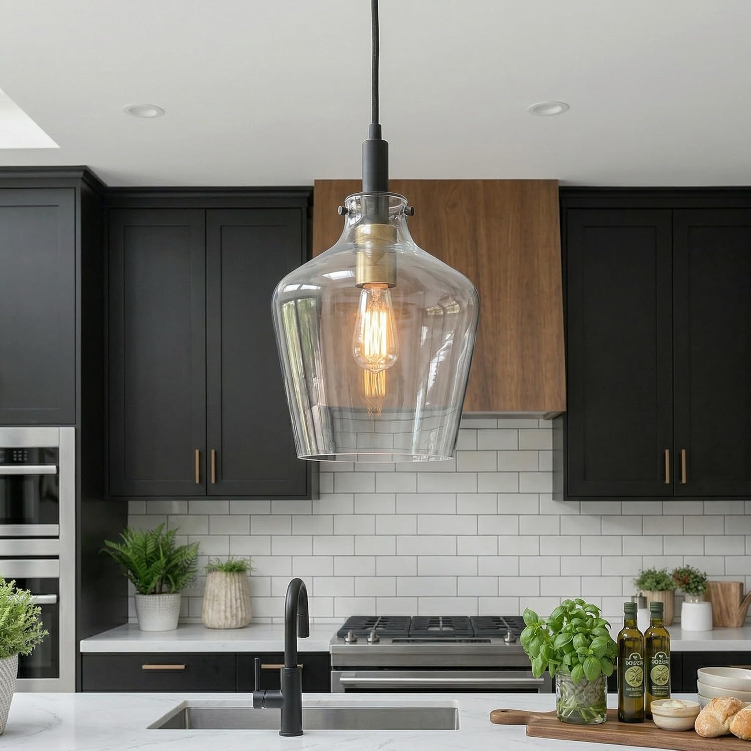 Quoizel June Mini Pendant Light, 7.75" W, Earth Black Clear Tapered Glass, Dimmable, Adjustable 96" Height, ETL Damp-Rated