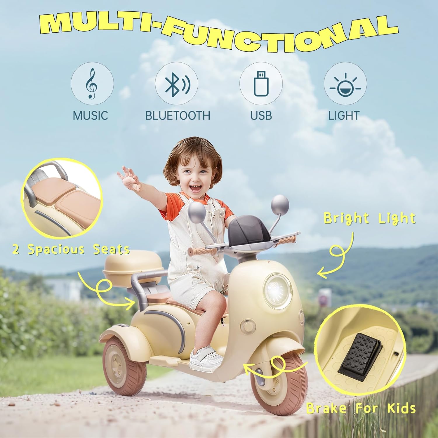 2025 Upgrade 2 Seats Kids Motorcycle with 2 Motors, 12V Ride On Electric Car, 3 Wheels Motorbike with USB, Bluetooth, Light, Storage Box, 2 * 30W Motorcycle for Kids Aged 3+, Beige
