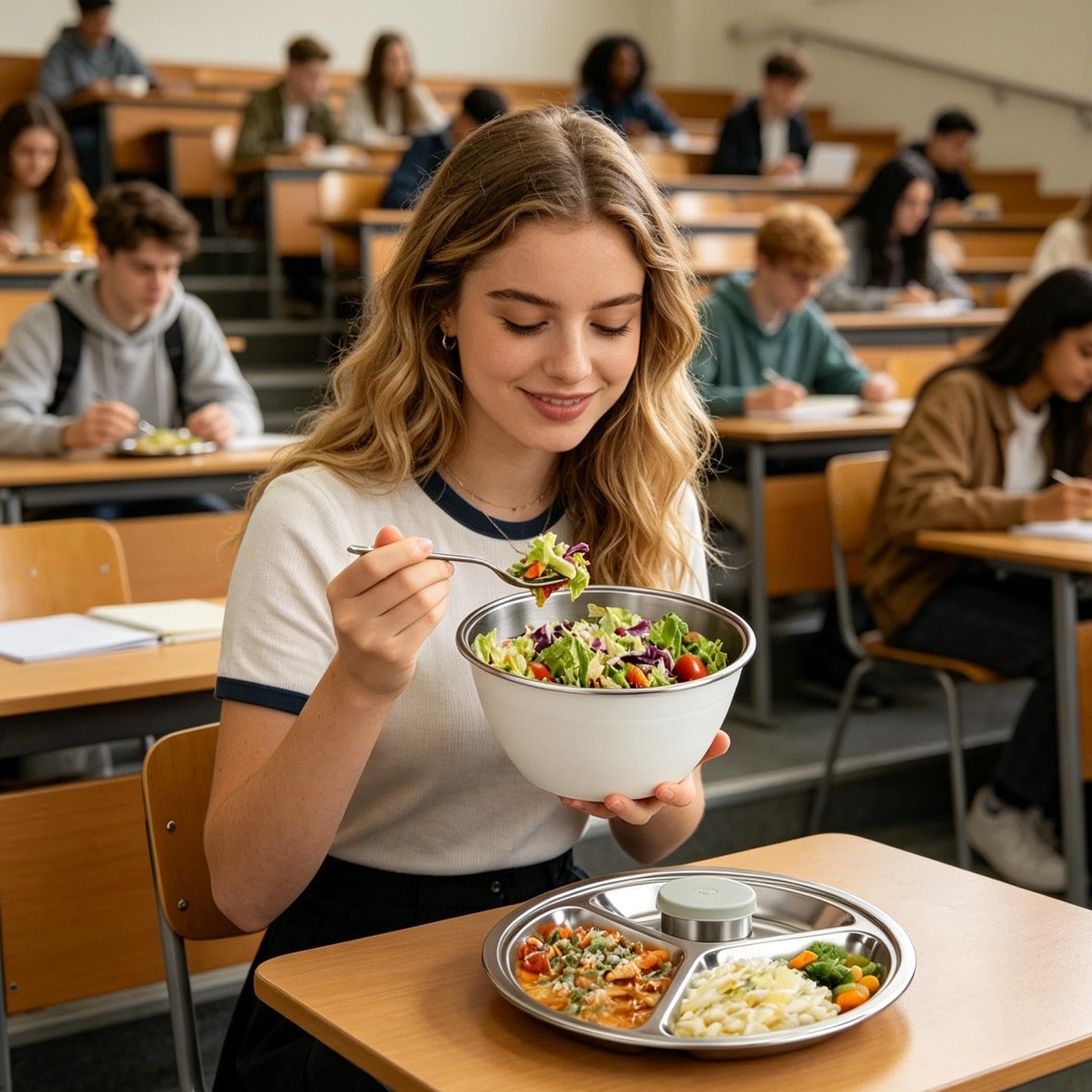 Salatschüssel-Set, Edelstahl-Rührschüssel mit Deckel und abnehmbarem Tablett, für Zuhause, Küche, Esszimmer, Mahlzeitvorbereitung, Picknicks im Freien, Partys, inklusive Kanister