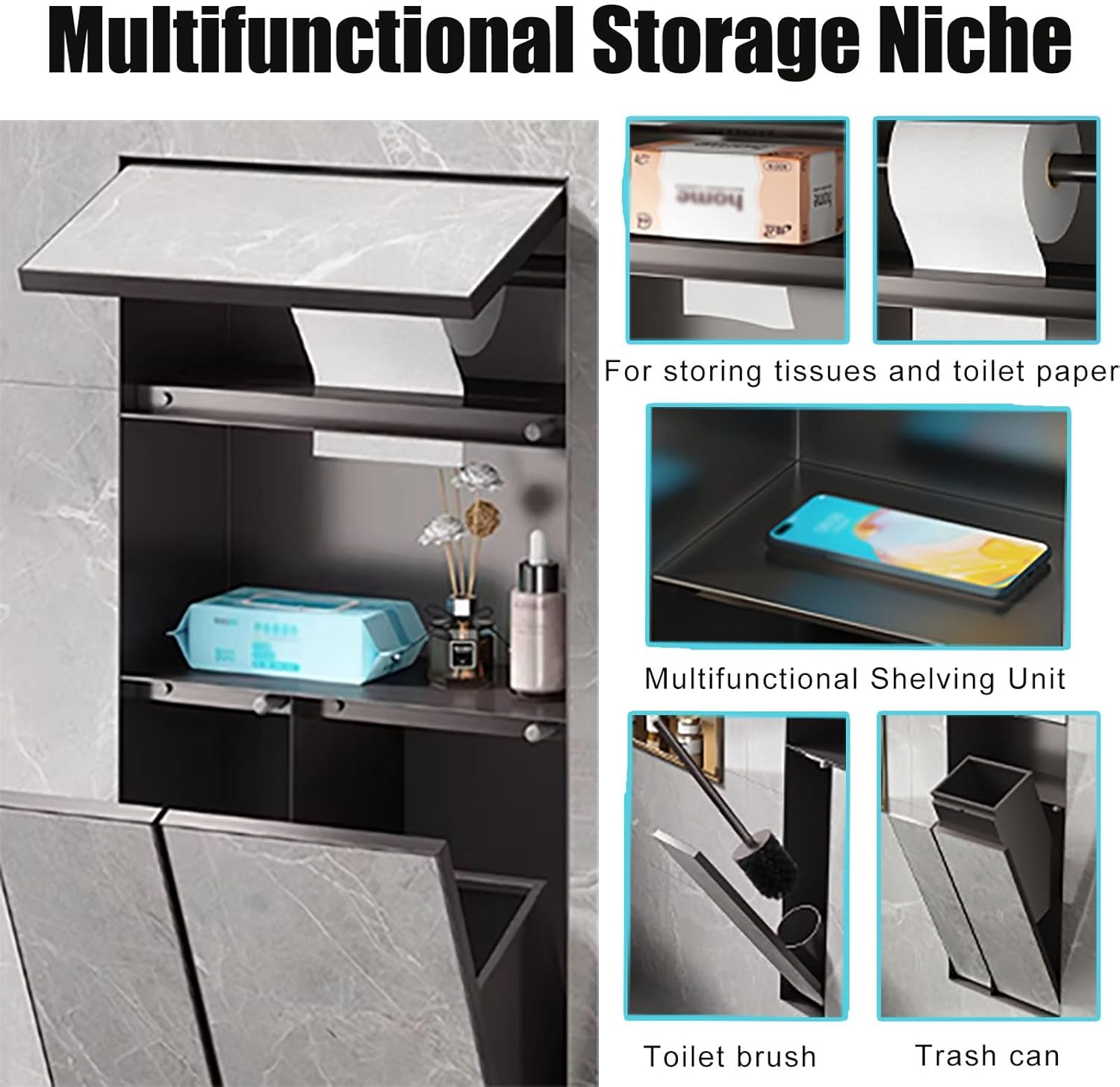 Concealed Bathroom Trash Can Toilet Paper Holder Combo Wall Niche Tile Ready, Stainless Steel Waterproof Space Saver Shower Niche Insert, Multifunctional Bath Furniture Set