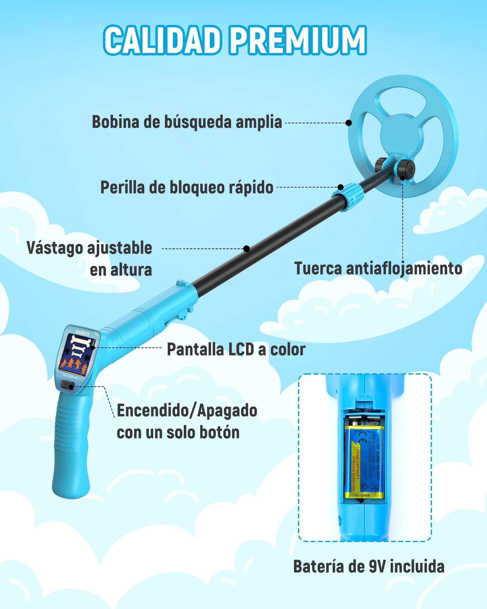 KAIWEETS Détecteur de Métaux 2025 Bleu, Écran LCD Couleur Animé, Tige Légère et Réglable, Kit de Chasse au Trésor Complet avec Sac à Dos, Pelle, Râteau & Pièces Bonus – Cadeau Parfait pour Noël, Anniv