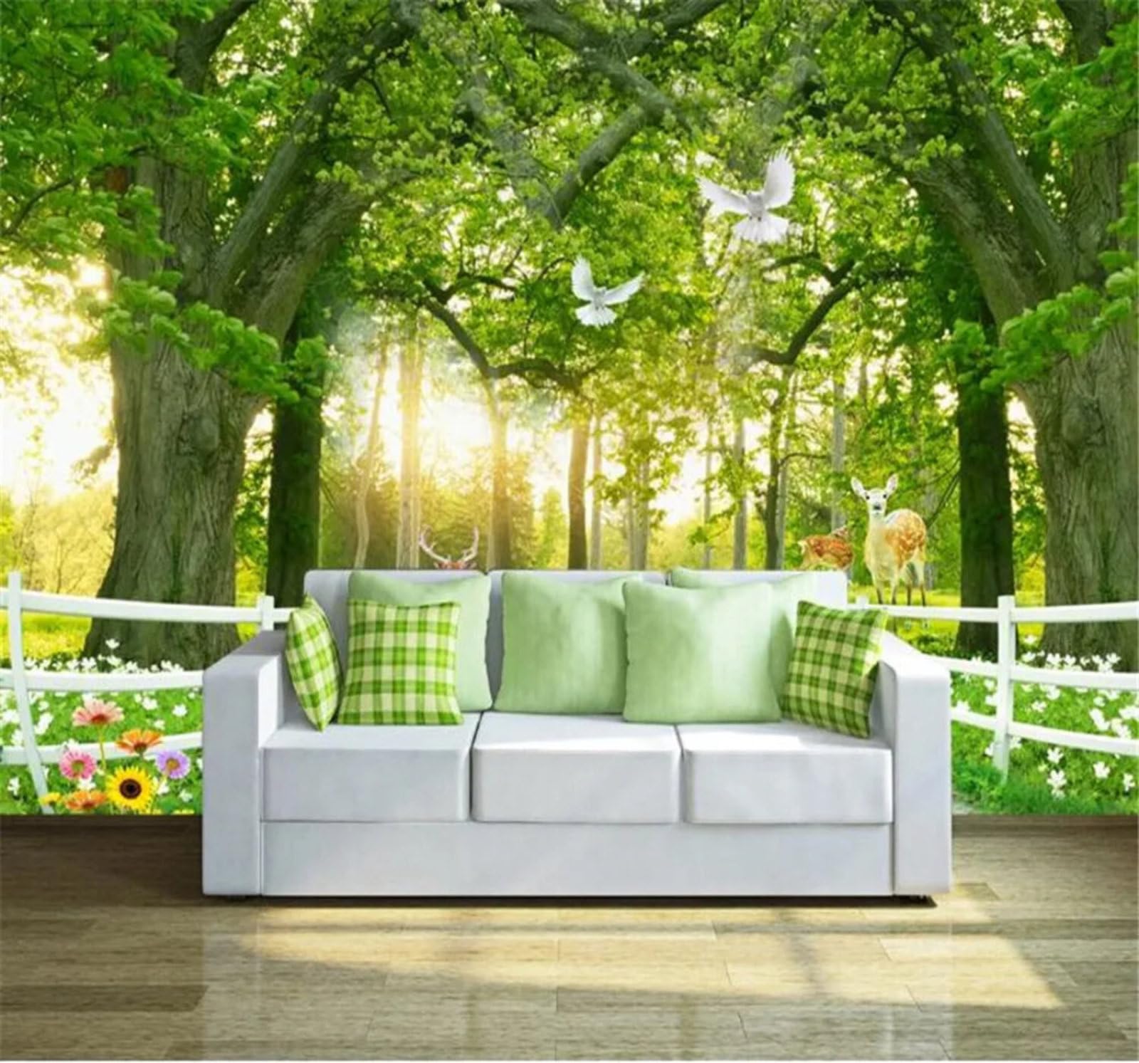 Xlming 400Cm×280Cm(B×H) Fresh Green Woodland Roe Deer Path 3D Wallpaper Silky Texture Home Study Office Grey Dining Room Sofa Bedroom Living Room Tv Backdrop-400Cm×280Cm